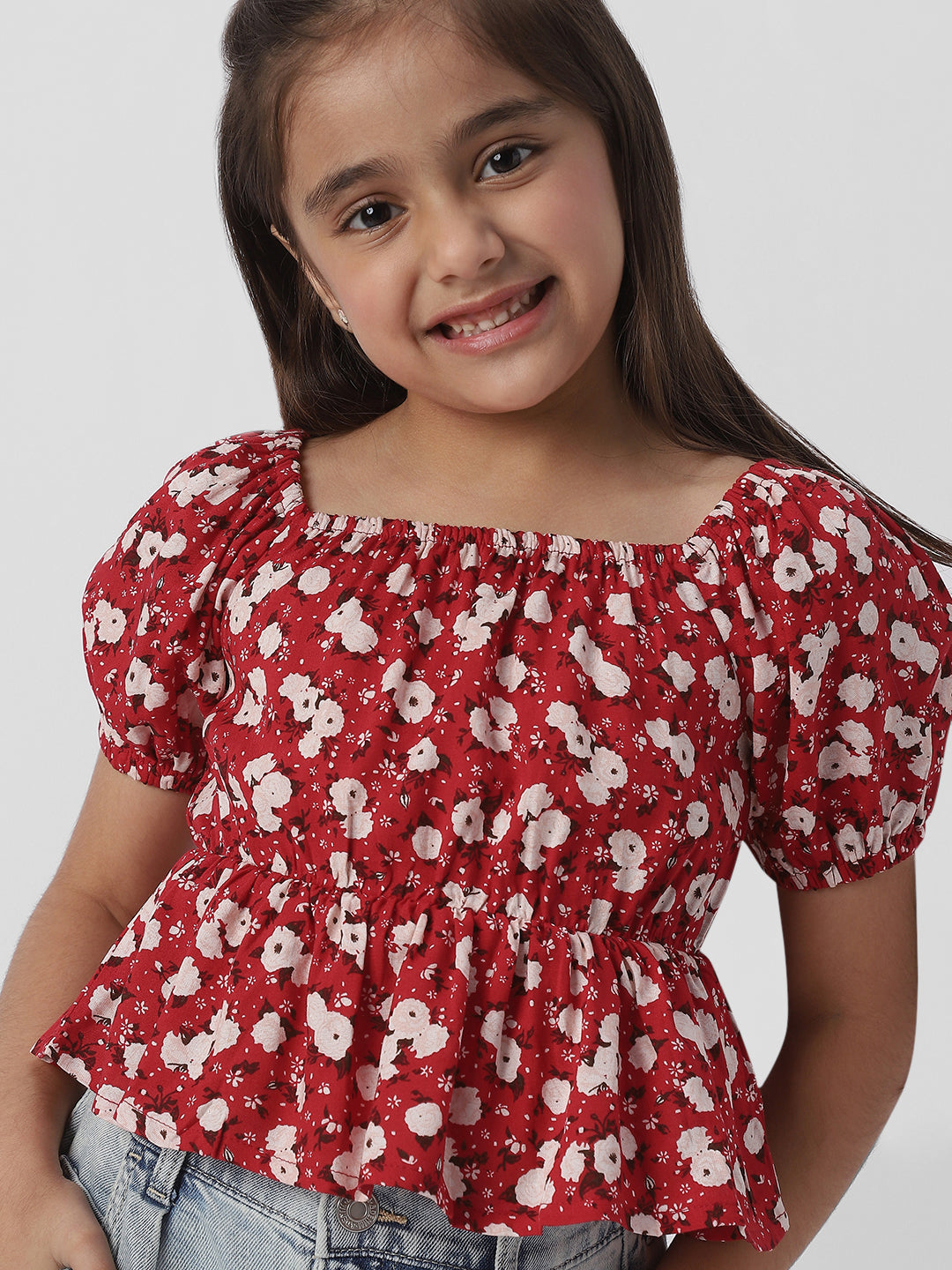 Nautinati Girls Floral Print Puff Sleeve Fit and Flare Top