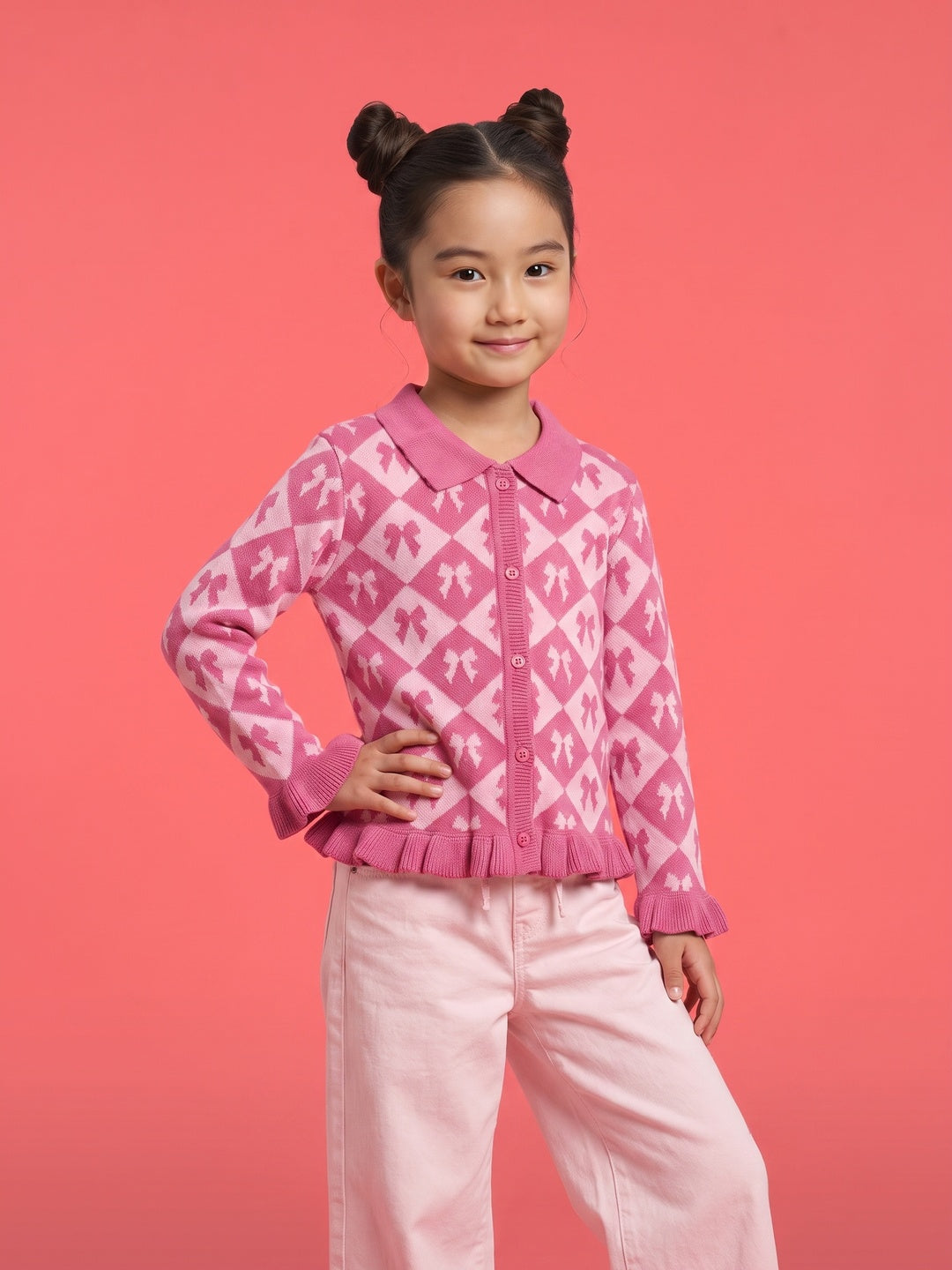 Nautinati Girls Relaxed Fit Peter Pan Collar Bow Argyle Knit Sweater