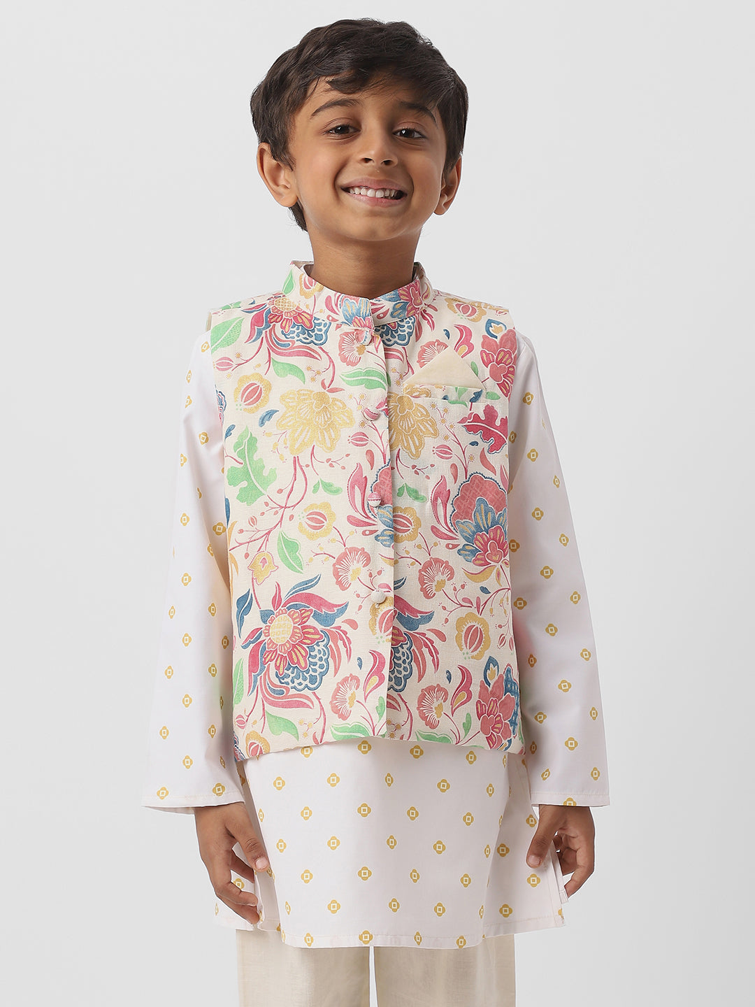 Nautinati Boys Cotton Sewn on Pocket Square Kurta Set with Printed Nehru Jacket