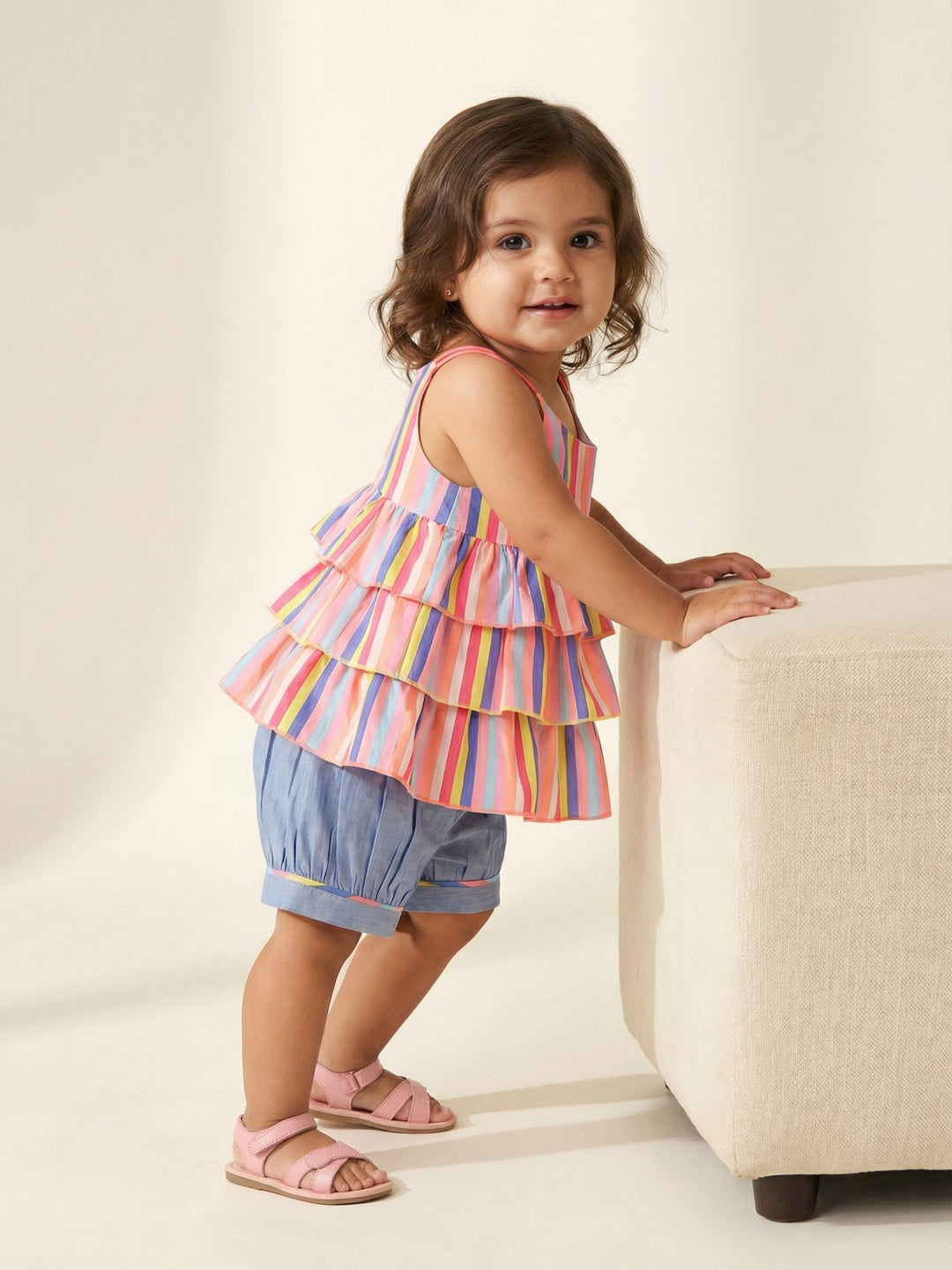 Nautinati Girls' Striped Ruffled Top & Shorts Co-ord Set