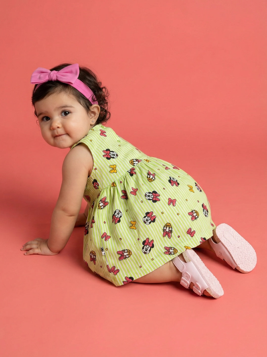 Nautinati Baby Girls' 100% Cotton All-over Disney Minnie Mouse Print & Striped Fit & Flare Dress