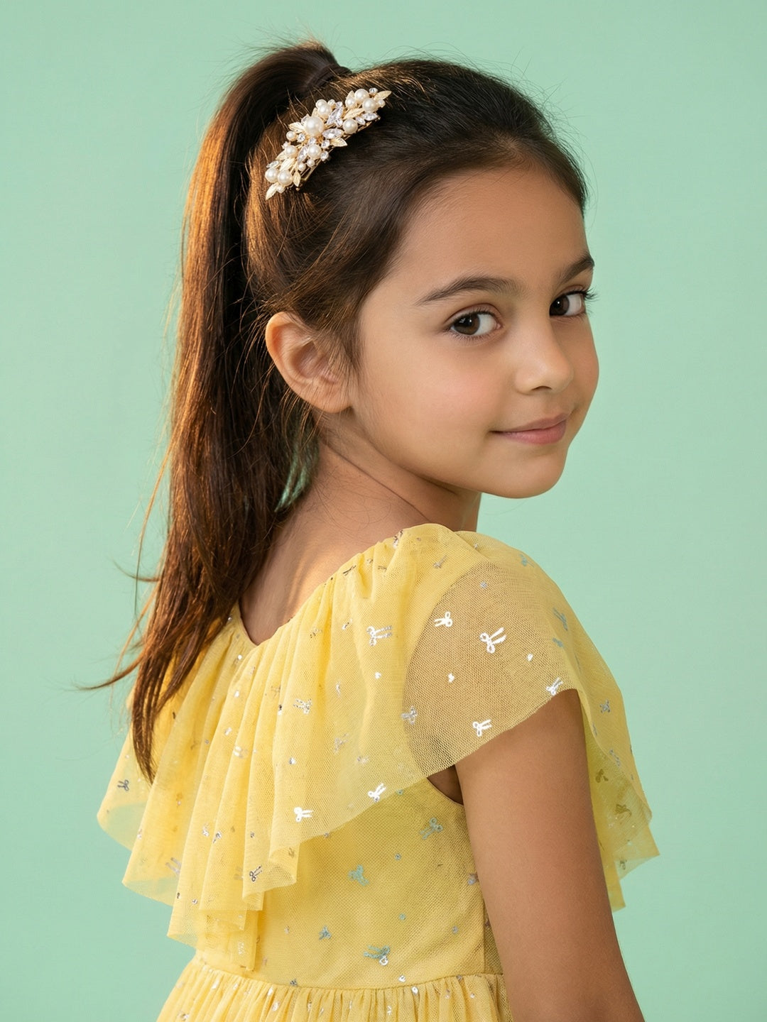 Nautinati Girls' Fit & Flare Holographic Foil Printed Mesh Party Dress