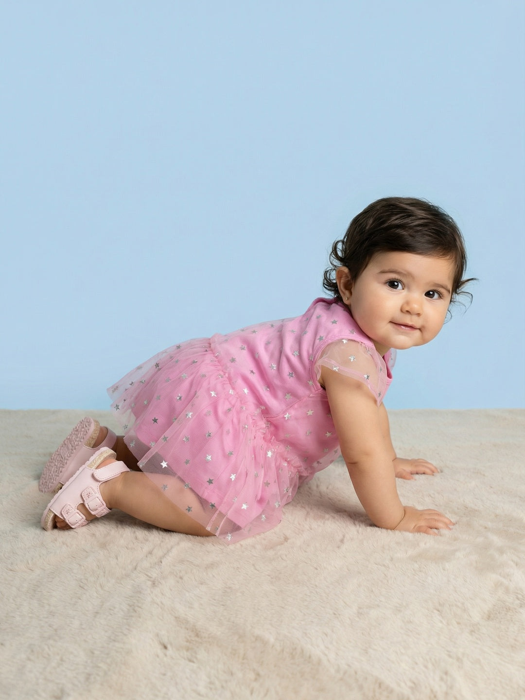 Nautinati Baby Girls' A-line Frilled Mesh All-over Flower & Polka Dot Print Party Dress