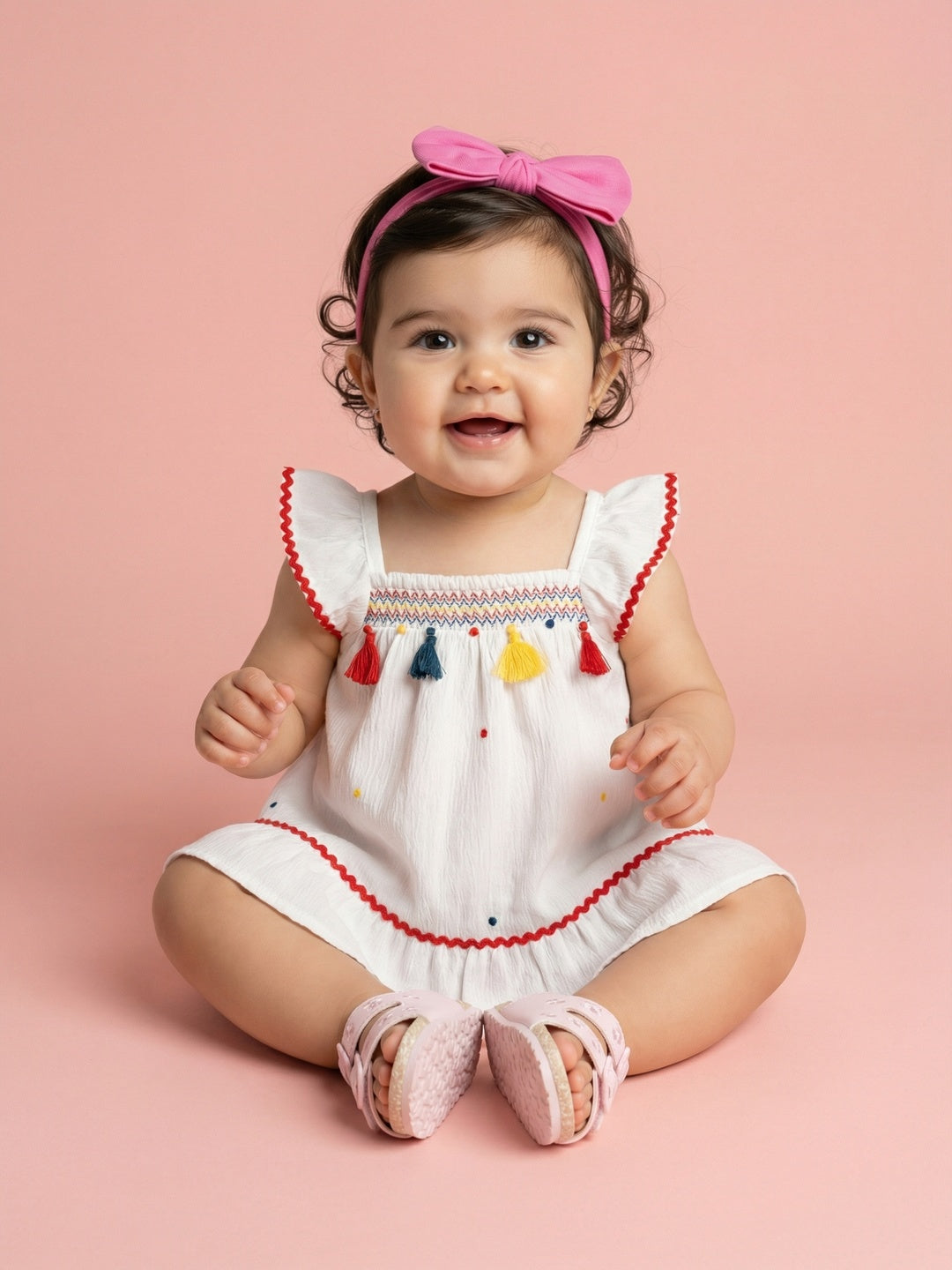 Nautinati Girls' A-line Polka Dot Embroidered Dress with Multicolour Tassels & Smocked Neck