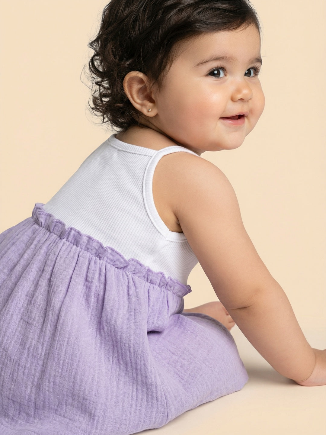 Nautinati Girls' Ribbed 100% Cotton All-over Ice Cream Print Fit & Flare Dress with Gathered Detail