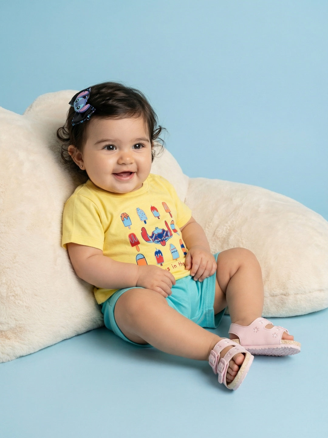 Nautinati Baby Girls Lilo & Stitch Printed Regular Fit T-shirt and Shorts Clothing Set