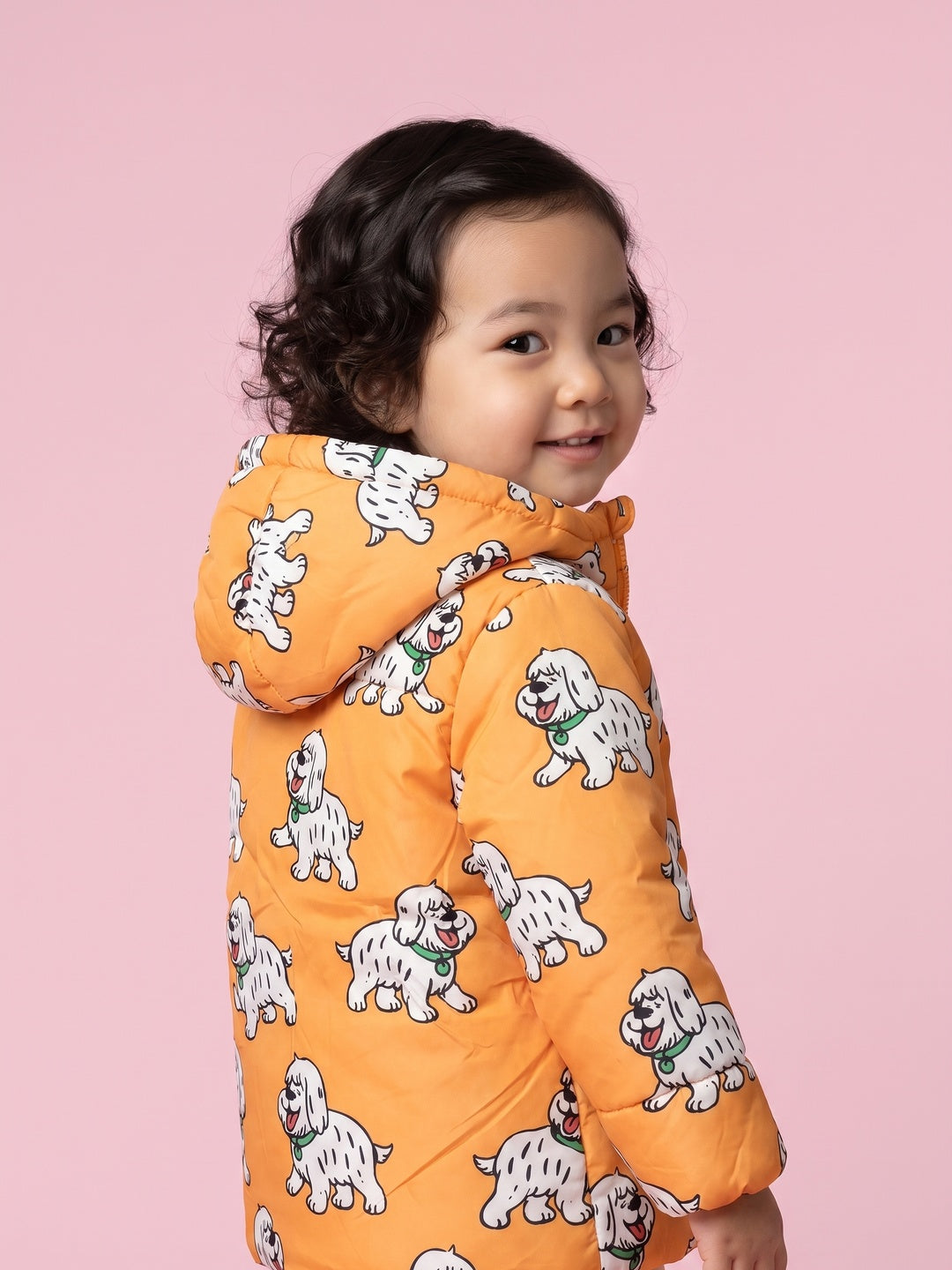 Nautinati Baby Girls Regular Fit Hooded Dog Printed Puffer Jacket with Front Zip