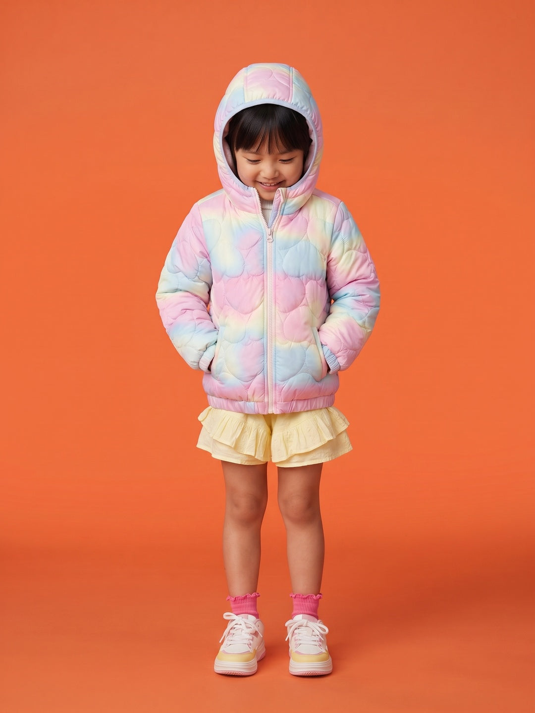 Nautinati Girls Regular Fit Ombre Heart Quilted Hooded Puffer Jacket Front Zip