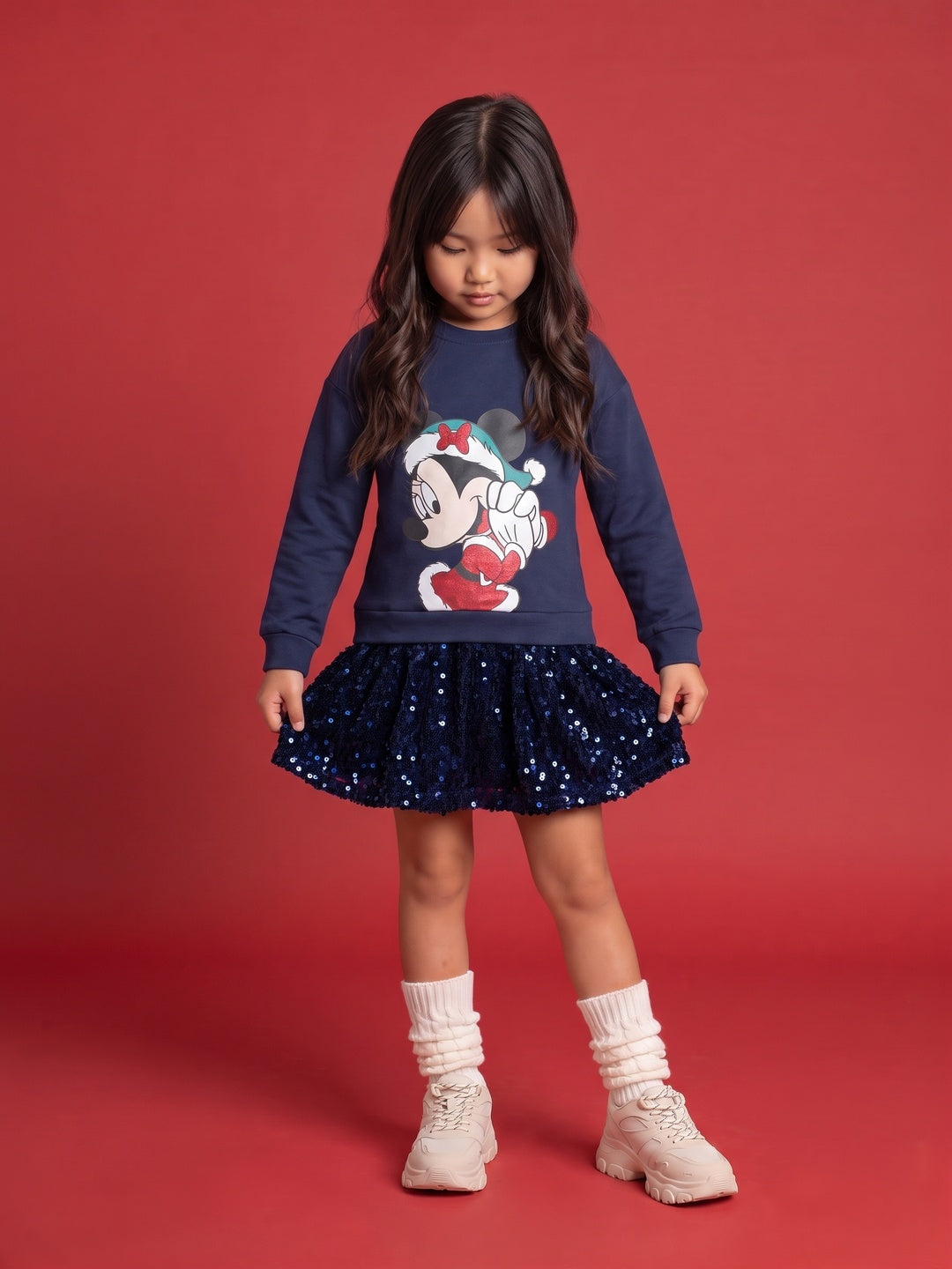 Nautinati Girls Disney Christmas Minnie Mouse Oversized Sequinned Sweatshirt Dress