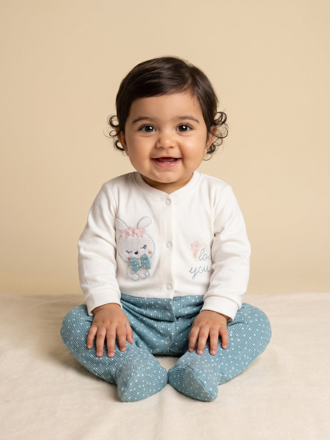 Nautinati Baby Girls' Cotton All-over Polka Printed Sleepsuit with Snap Buttons