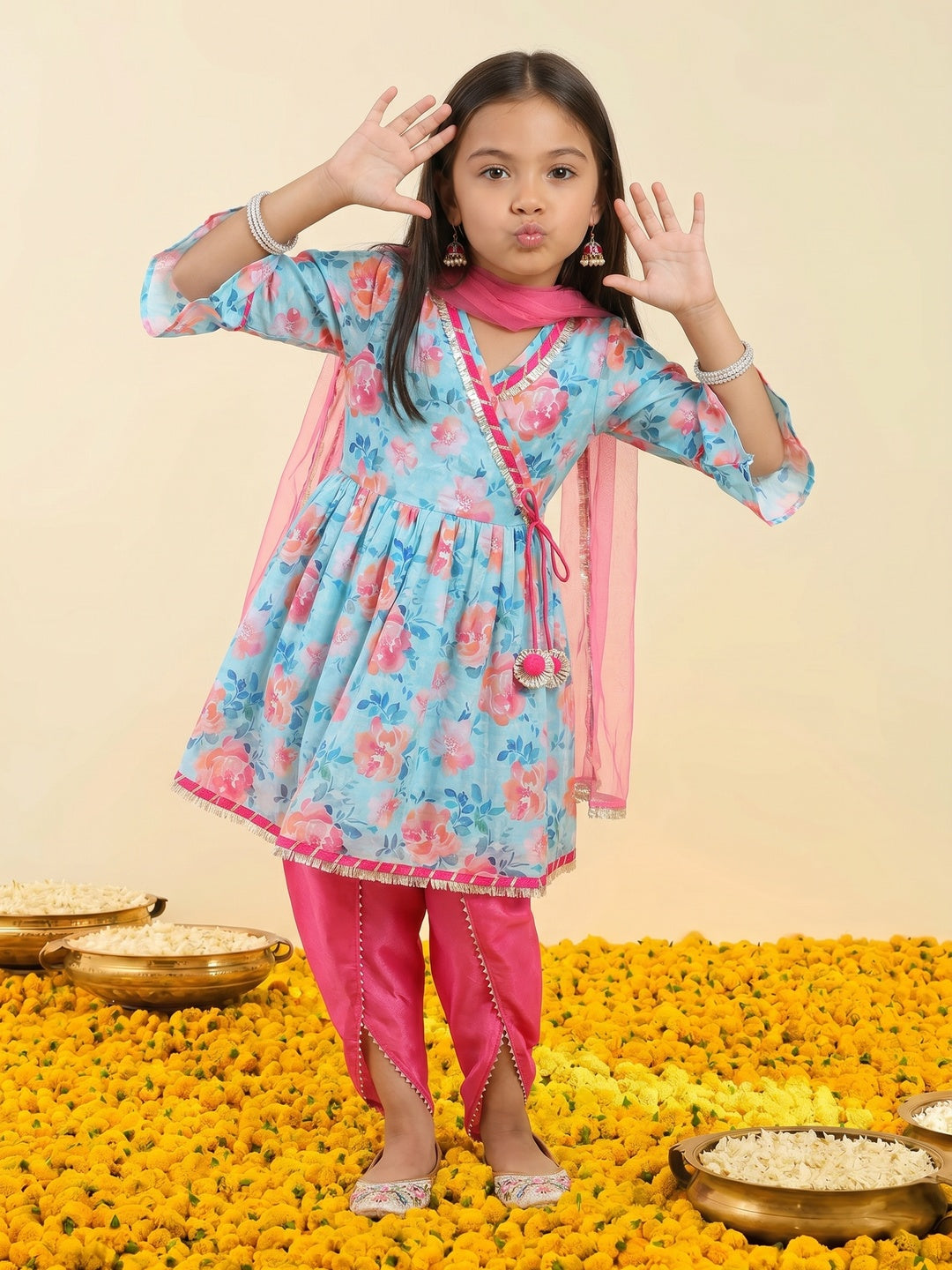 Nautinati Girls' Printed Chanderi Kurta Set with Dupatta