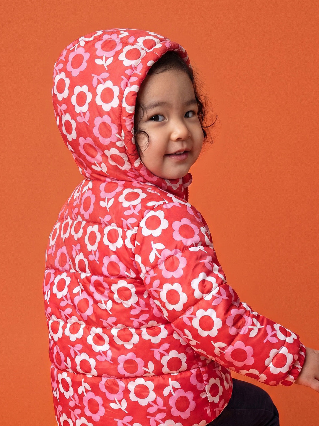 Nautinati Baby Girls Regular Fit Hooded Floral Printed Puffer Jacket with Front Zip