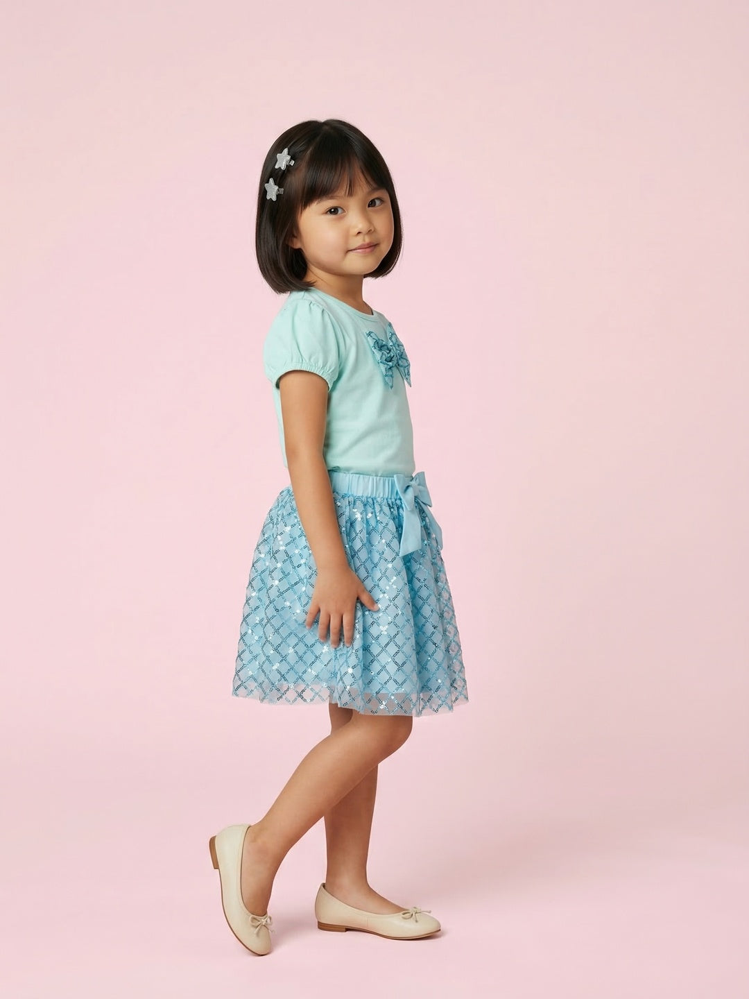 Nautinati Girls Blue Sequined T-Shirt And Skirt With Satin Bow Clothing Set