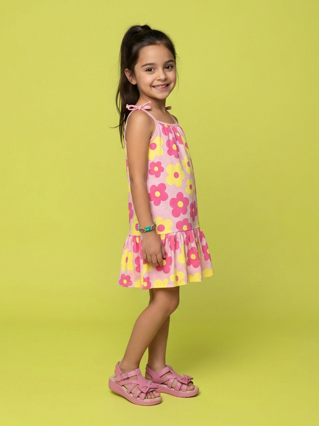 Nautinati  Girls All-over Floral Printed Relaxed Fit Tie-up Style Sleeveless Dress