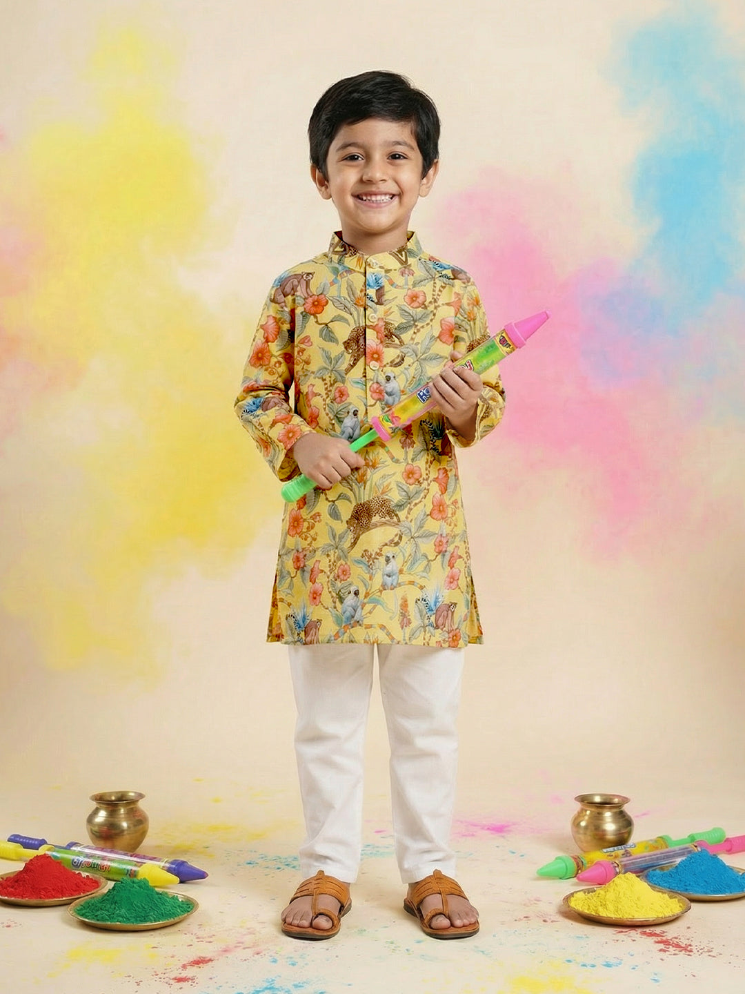 Boys' 100% Cotton Festive Forest-print Resort Style Kurta & Pyjama Set