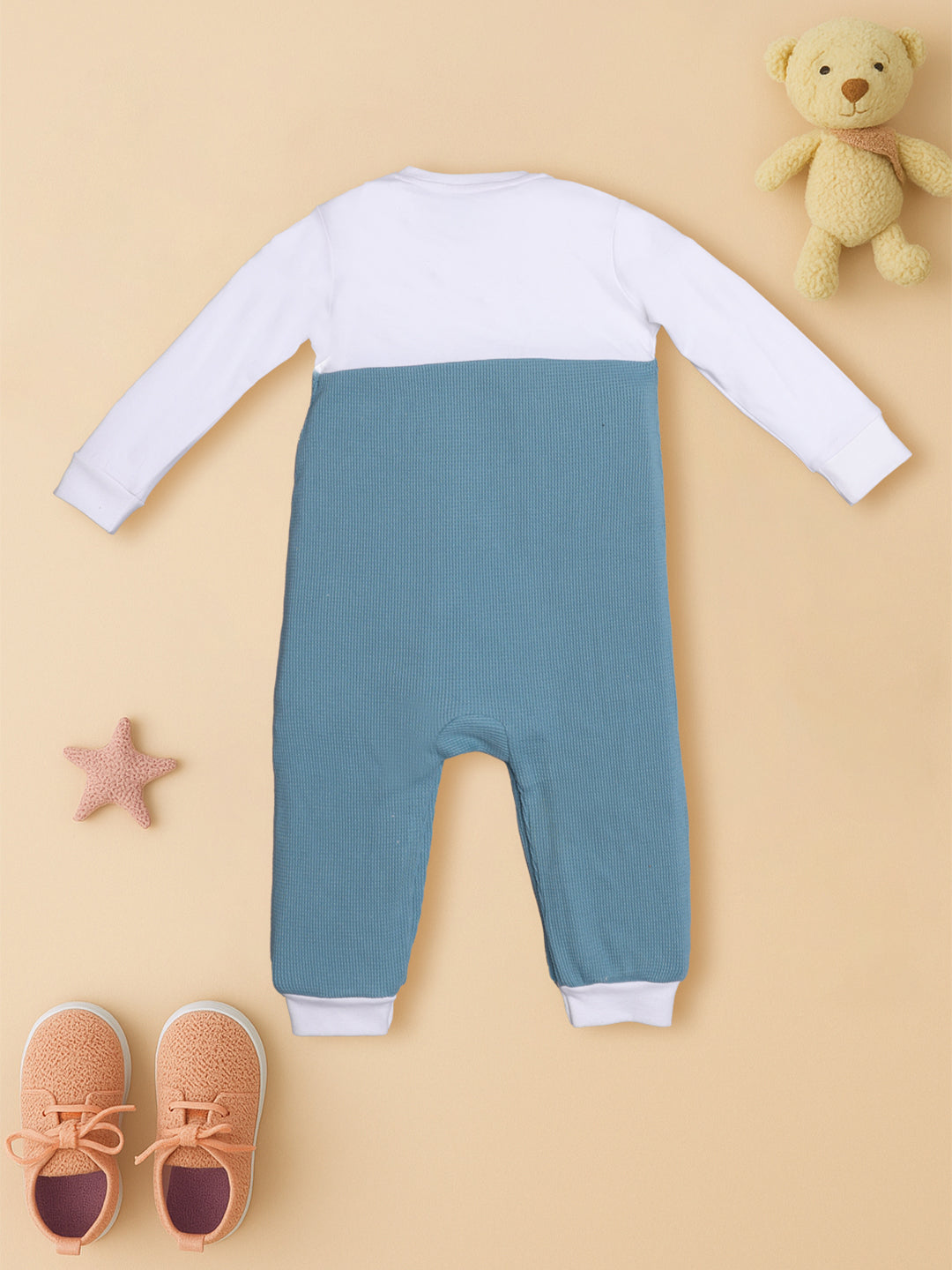 Nautinati Cotton Bear Print Blue And White Romper For Infant Boys