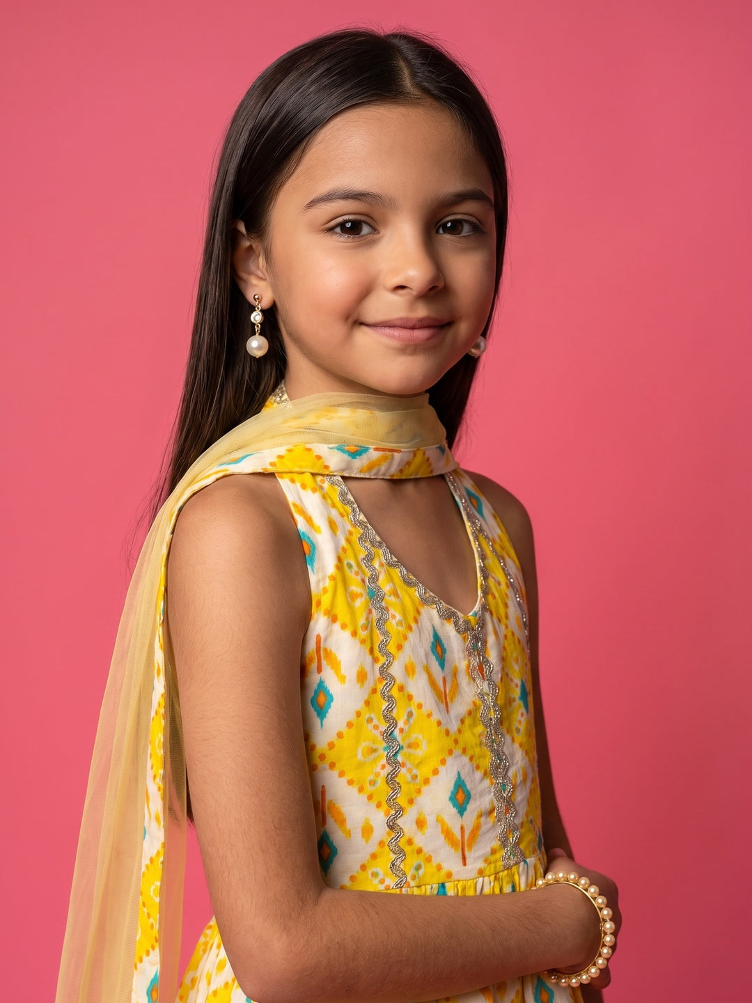 Nautinati Girls' 100% Cotton All-over Print Ikat Print Kurti with Wavy-striped Sharara & Net Dupatta