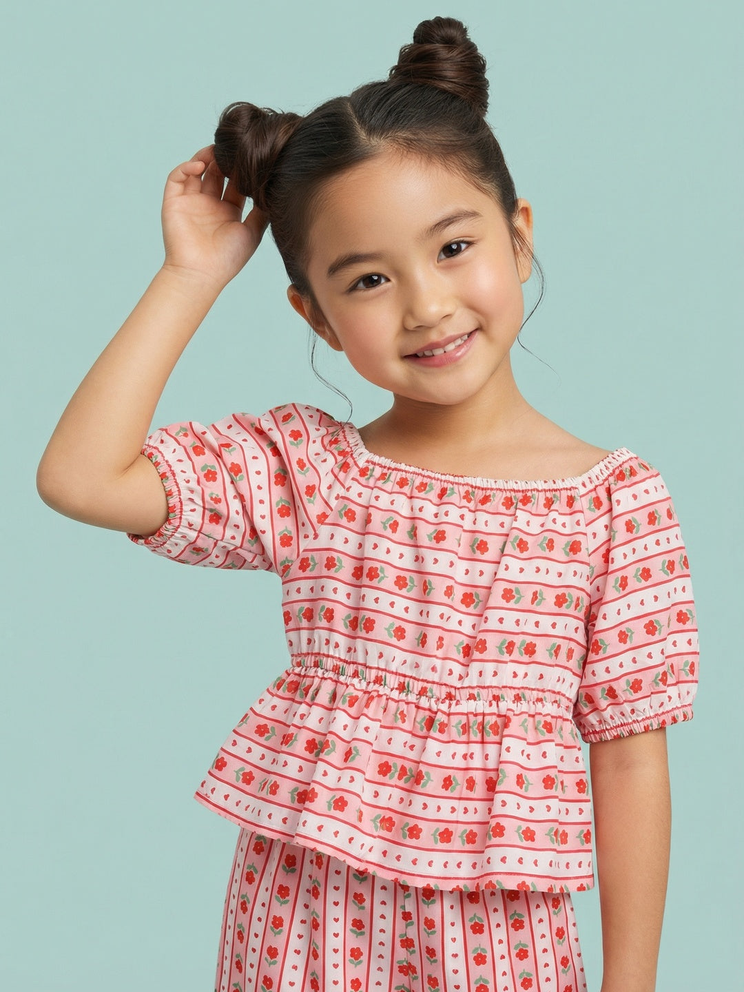 Nautinati Girls Valentine's Edition Red Floral Striped Peplum Top with Wide Leg Bottoms Co-ord Set