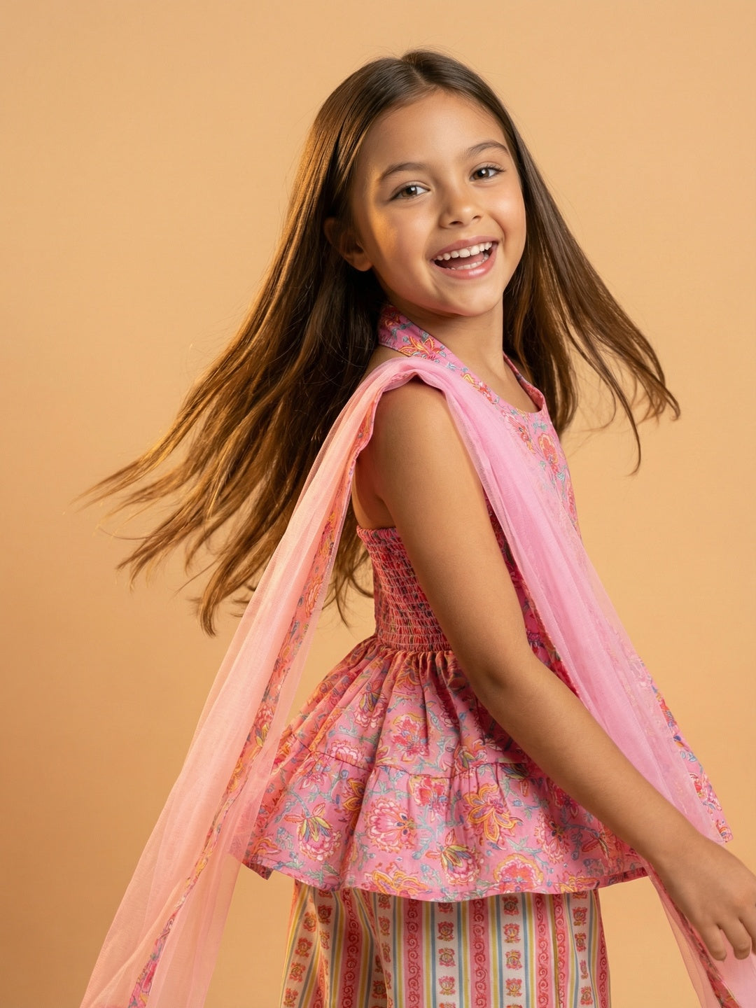 Nautinati Girls' Cotton Blend Woven Festive Chintz Floral Halter-neck Kurti with Striped Palazzos