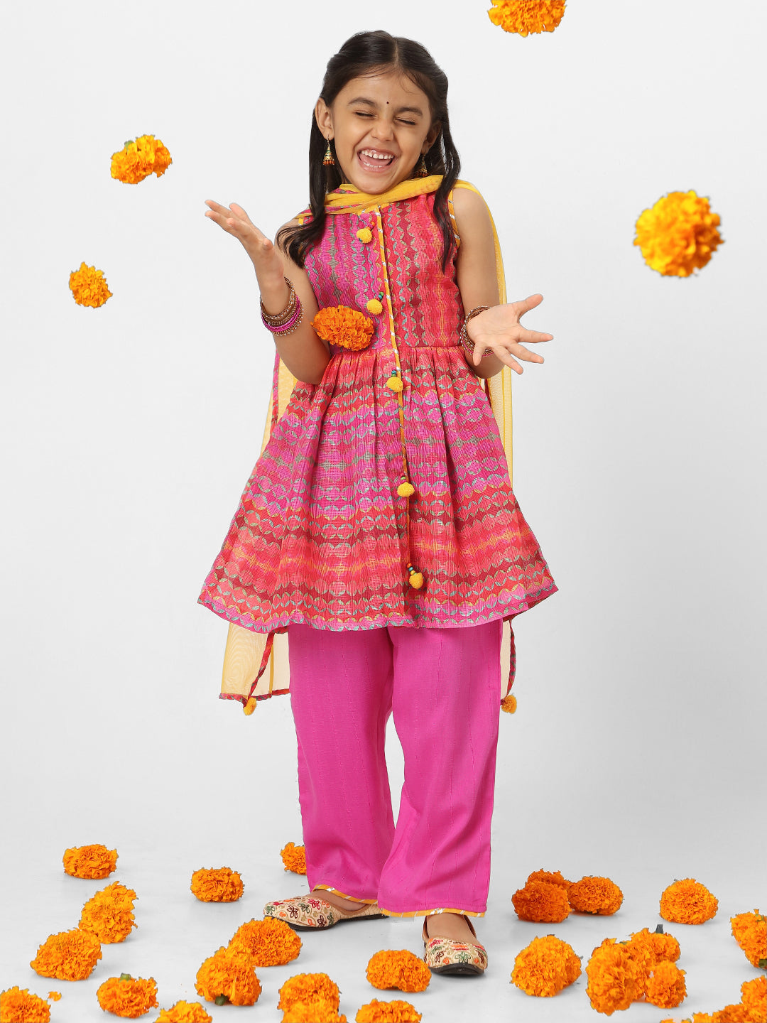 Nautinati Girls' Printed Sleeveless Kurta Set with Dupatta