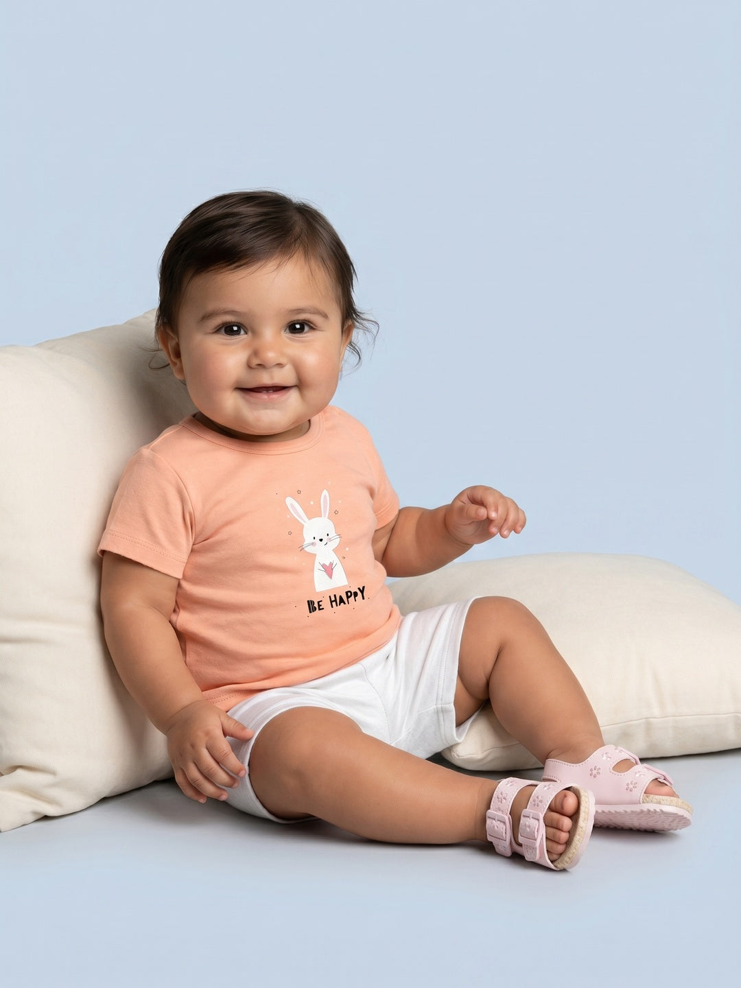 Nautinati Girls' Cotton Bunny Printed Top and Shorts Co-ord Set with Snap Buttons