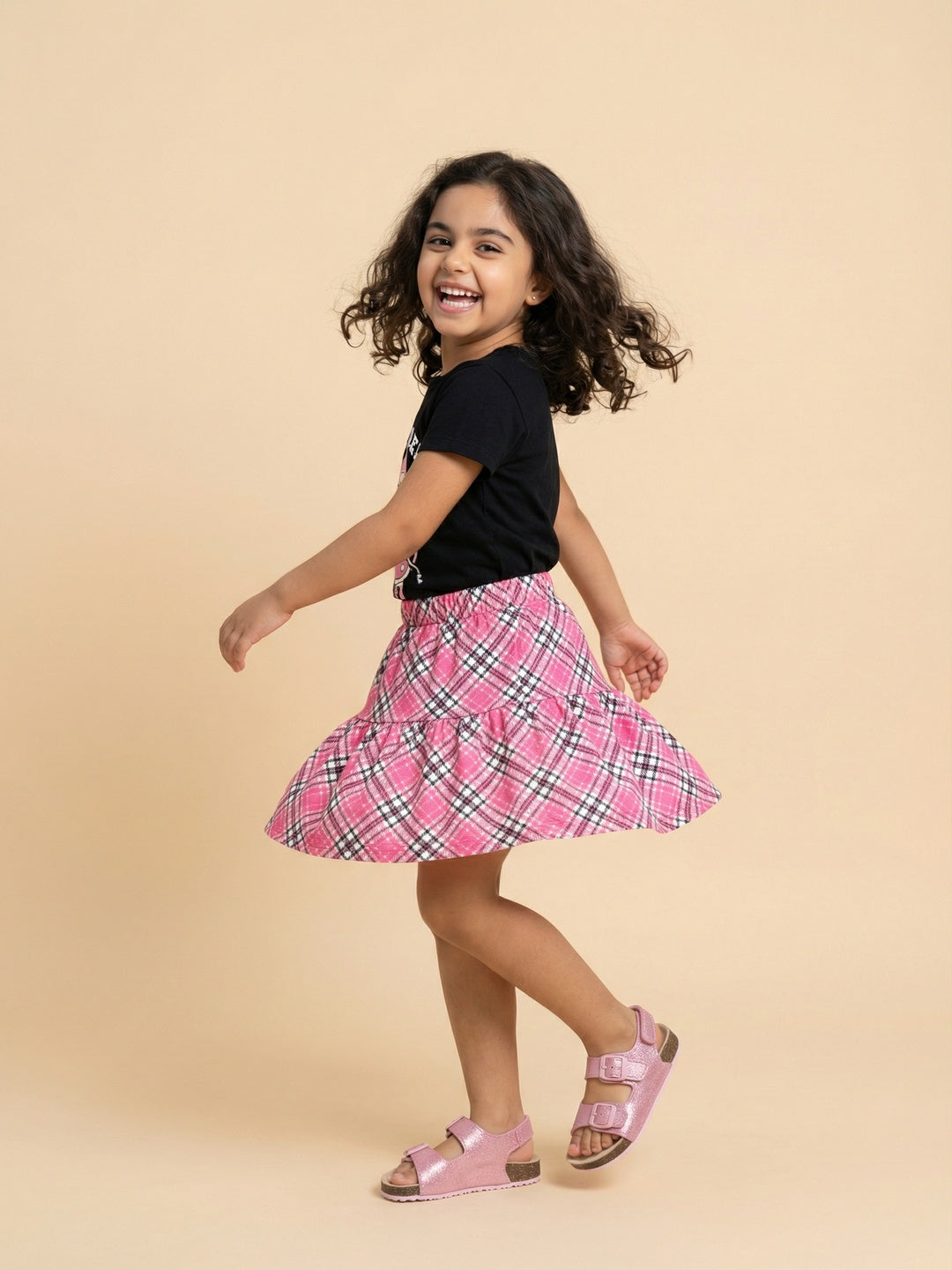 Nautinati Girls Varsity Graphic Cotton Regular Fit Crew Neck T-shirt and All Over Print Crepe Skirt Clothing Set