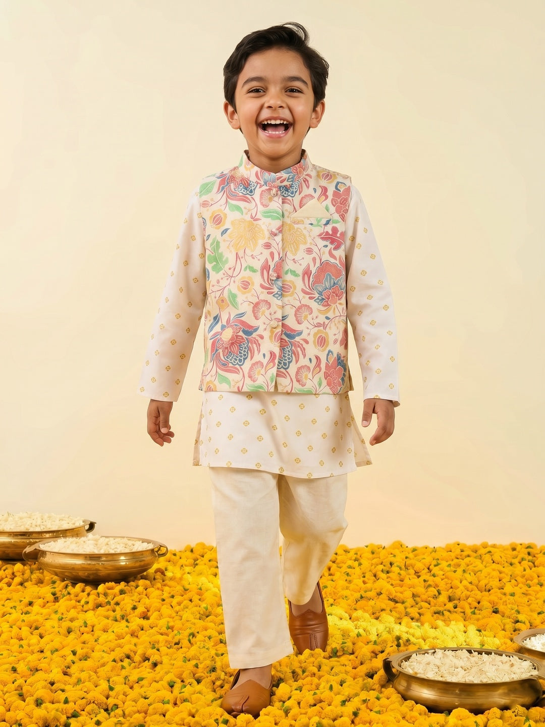 Nautinati Boys' 100% Cotton All-over Floral Print Kurta & Nehru Jacket Set