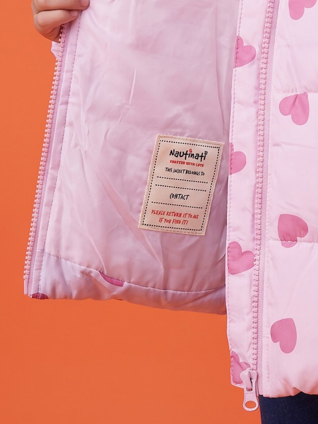 Nautinati Girls Regular Fit Hooded Hearts Printed Puffer Jacket with Front Zip