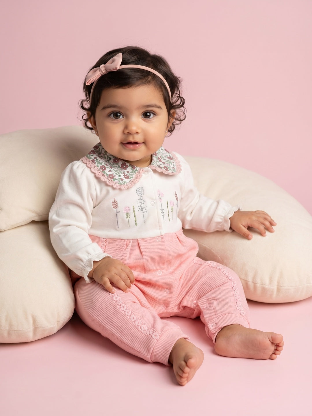 Nautinati Baby Girls' Cotton Floral Embroidered Jumpsuit with Peter Pan Collar and Snap Buttons