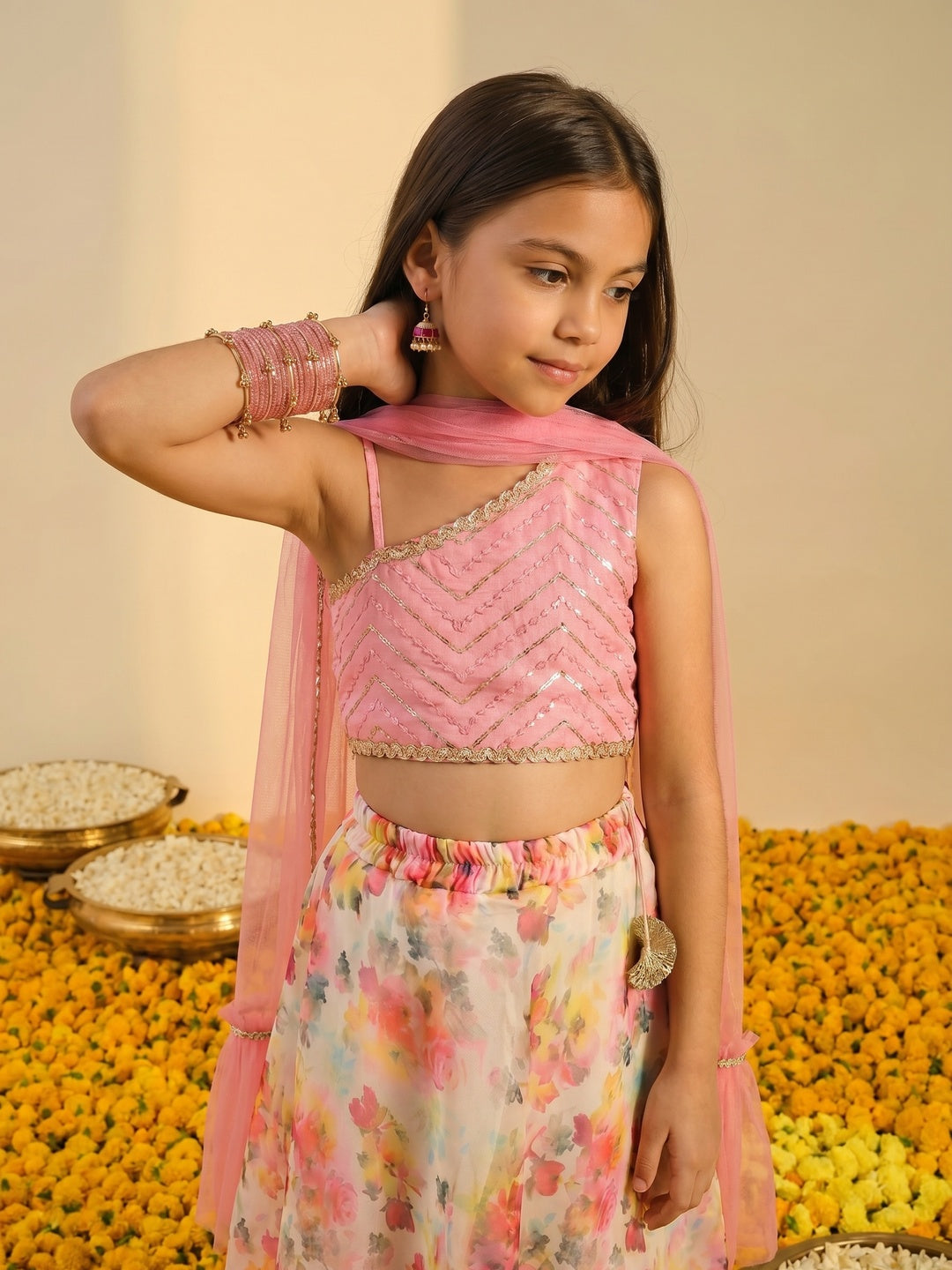 Nautinati Girls' All-over Floral Print Lehenga with Embellished Sequinned One-shoulder Choli Set with Net Dupatta