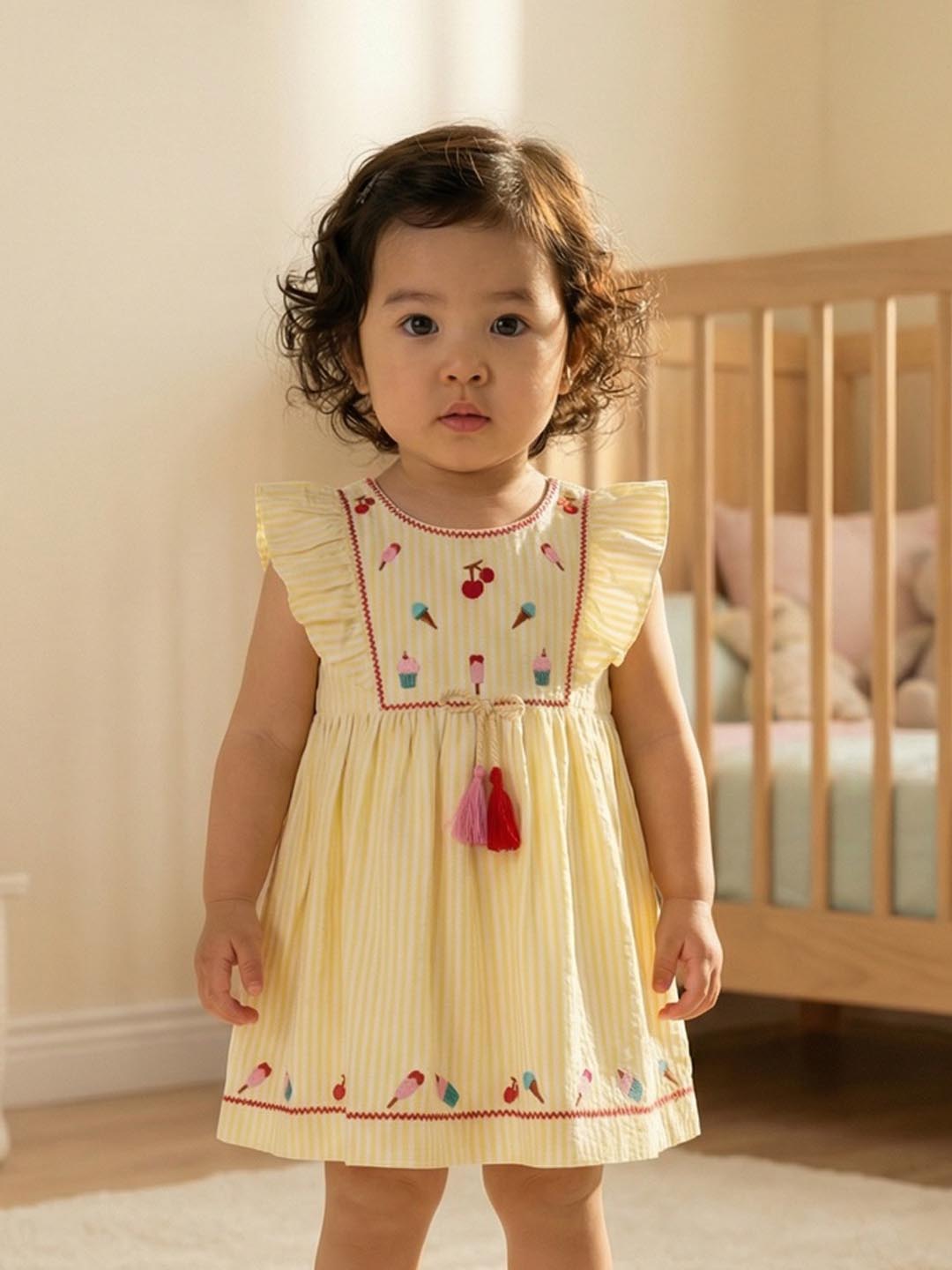 Nautinati Girls' 100% Cotton Ice-cream, Cherry, Cupcake Embroidered Striped Fit & Flare Frock