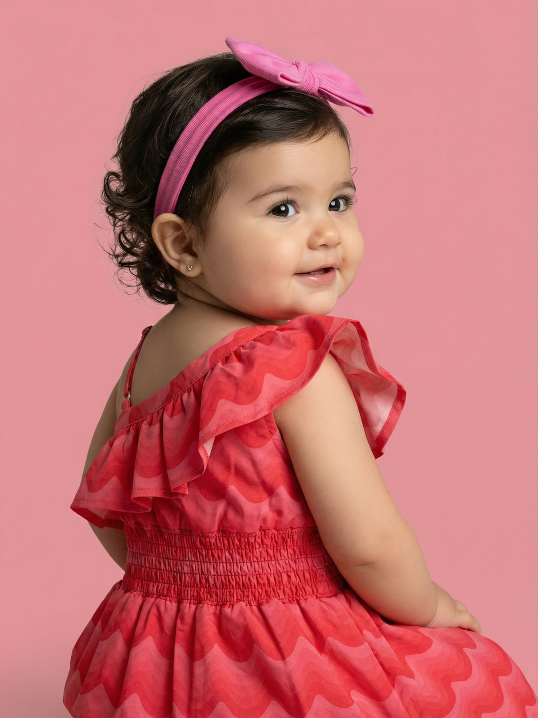 Nautinati Baby Girls Fit & Flare Off-shoulder Dress with Red Gradient Wavy Horizontal Stripes