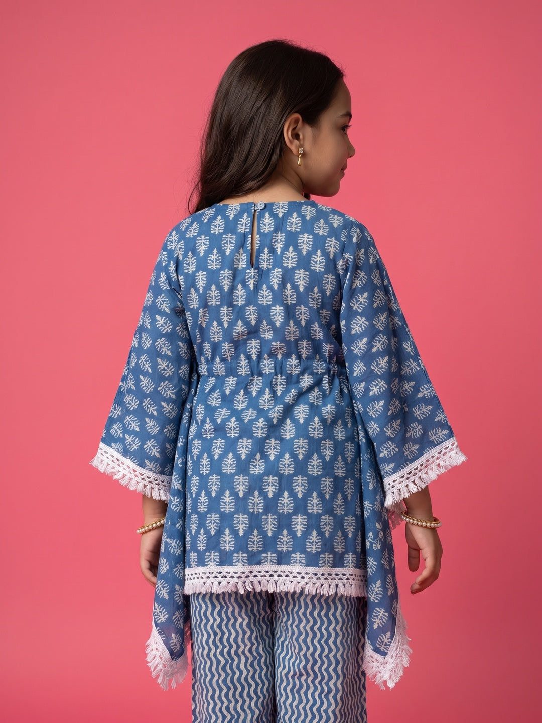 Nautinati Girl's Block Printed Blue Kaftaan Ethnic Set