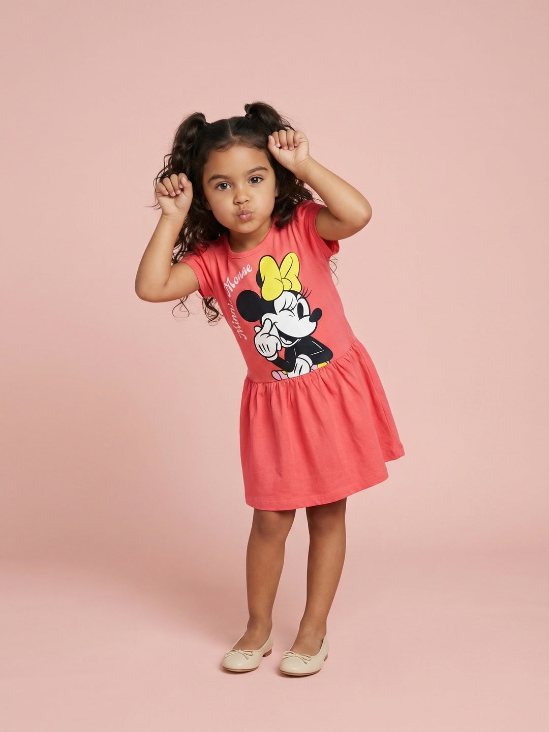 Nautinati Girls' 100% Cotton Disney Minnie Mouse Graphic Print Drop Waist A-line Dress
