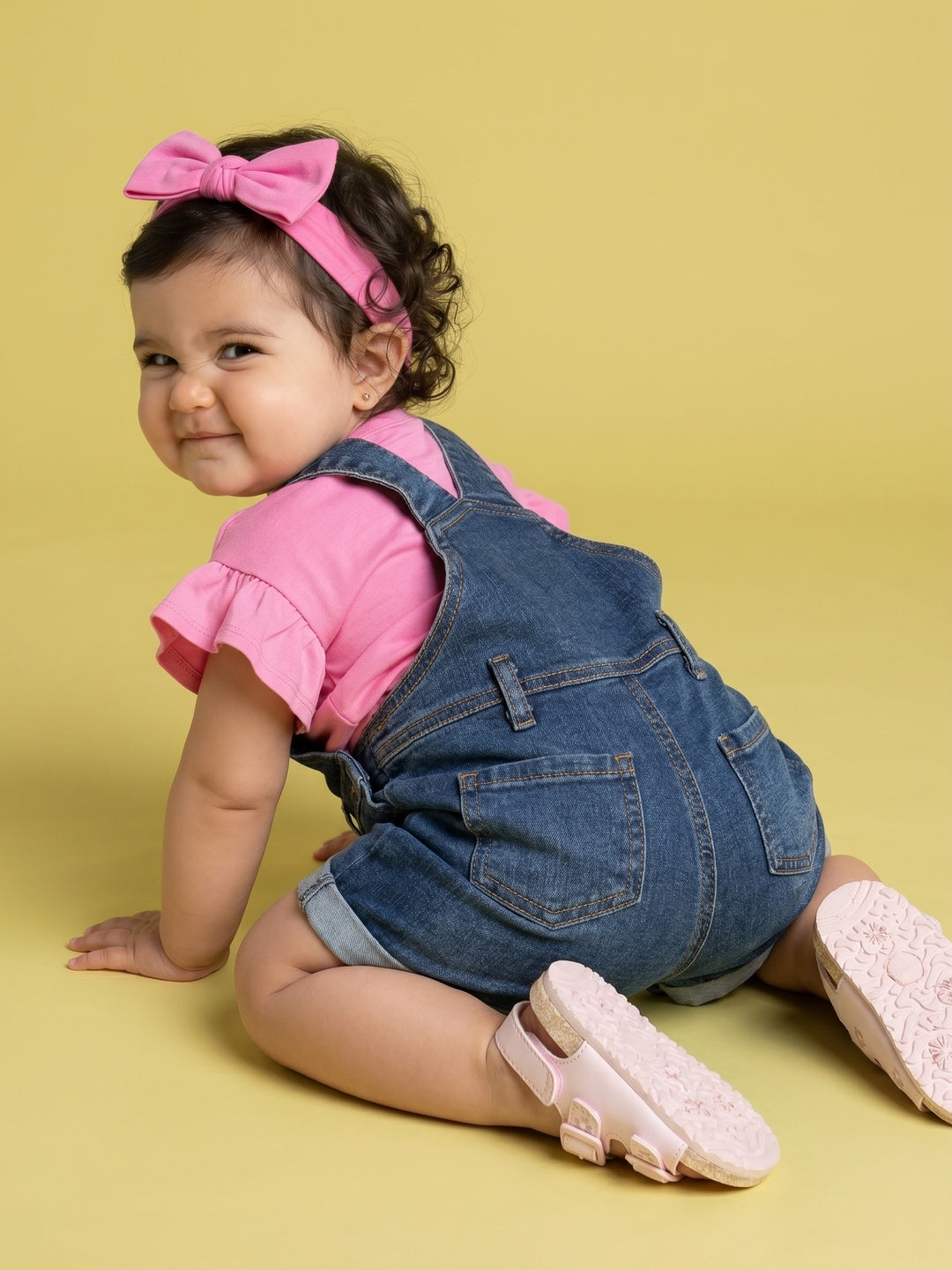 Nautinati Girls' Cloud, Rain, bees & Flower Embroidered Denim Dungaree