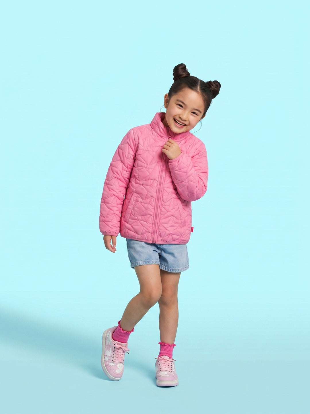 Nautinati Pink Quilted Star Pattern Puffer Jacket for Girls