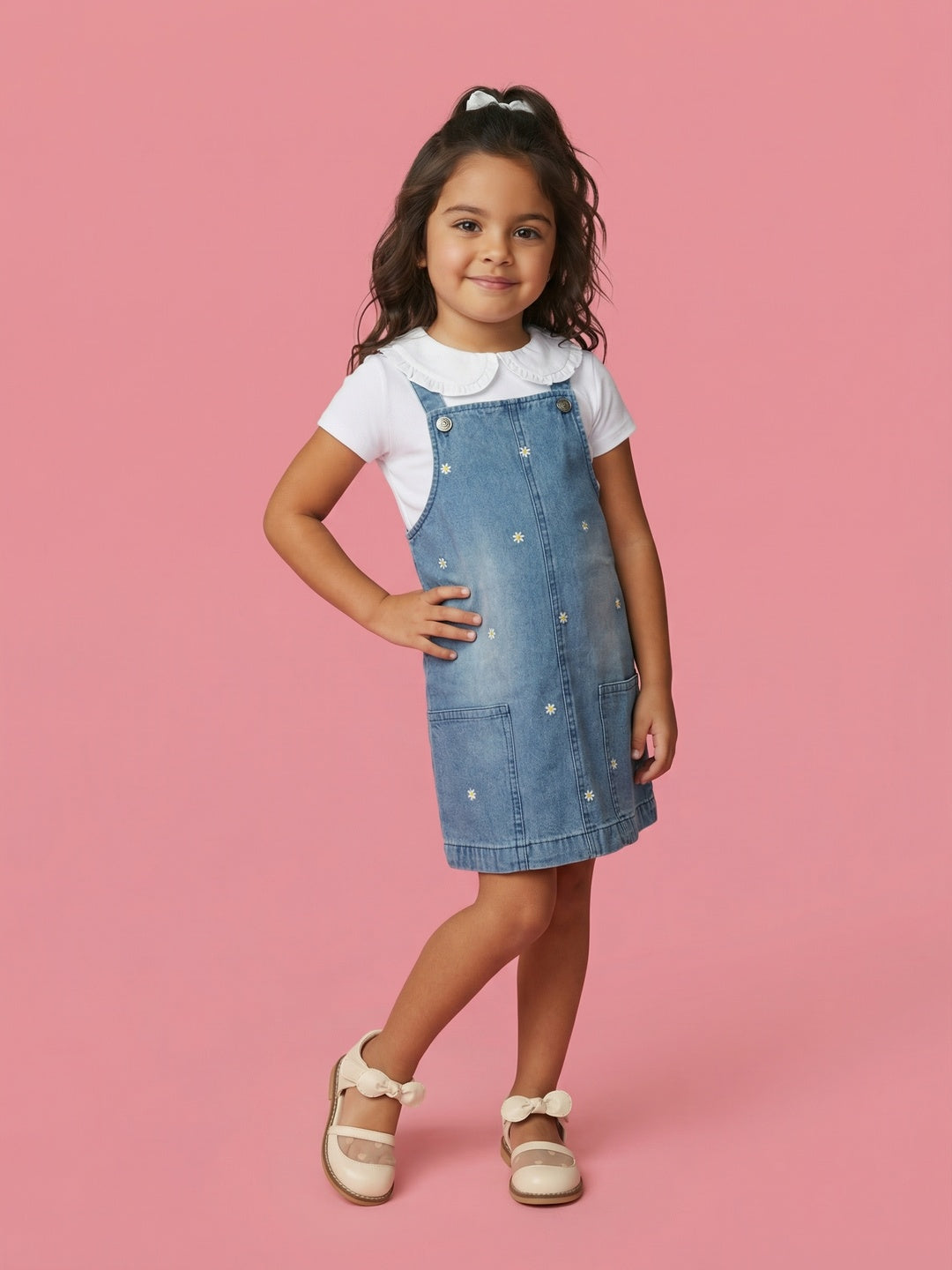 Nautinati Girls Floral Embroidered Pure Cotton Pinafore with T-shirt Co-ord Set