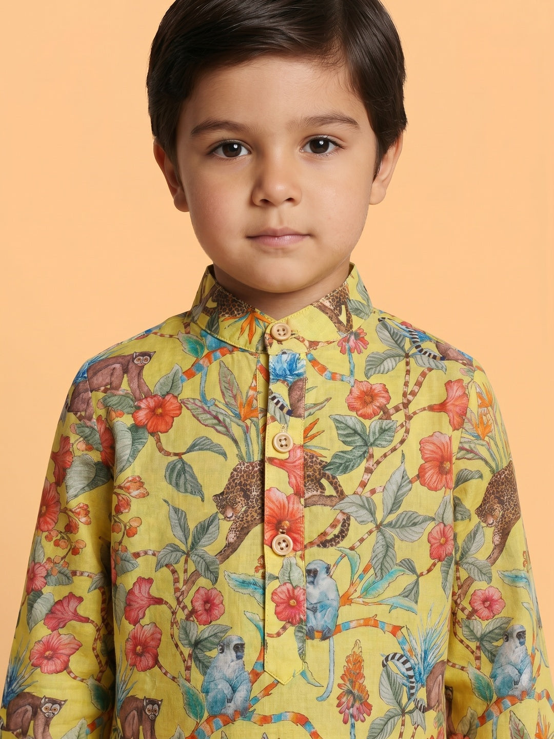 Boys' 100% Cotton Festive Forest-print Resort Style Kurta & Pyjama Set