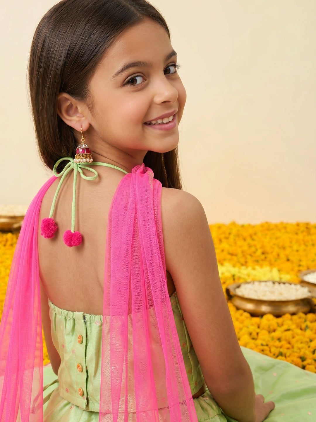 Nautinati Girls' All-over Gold Print Lehenga Choli Set with Net Dupatta & Gotta Patti Details