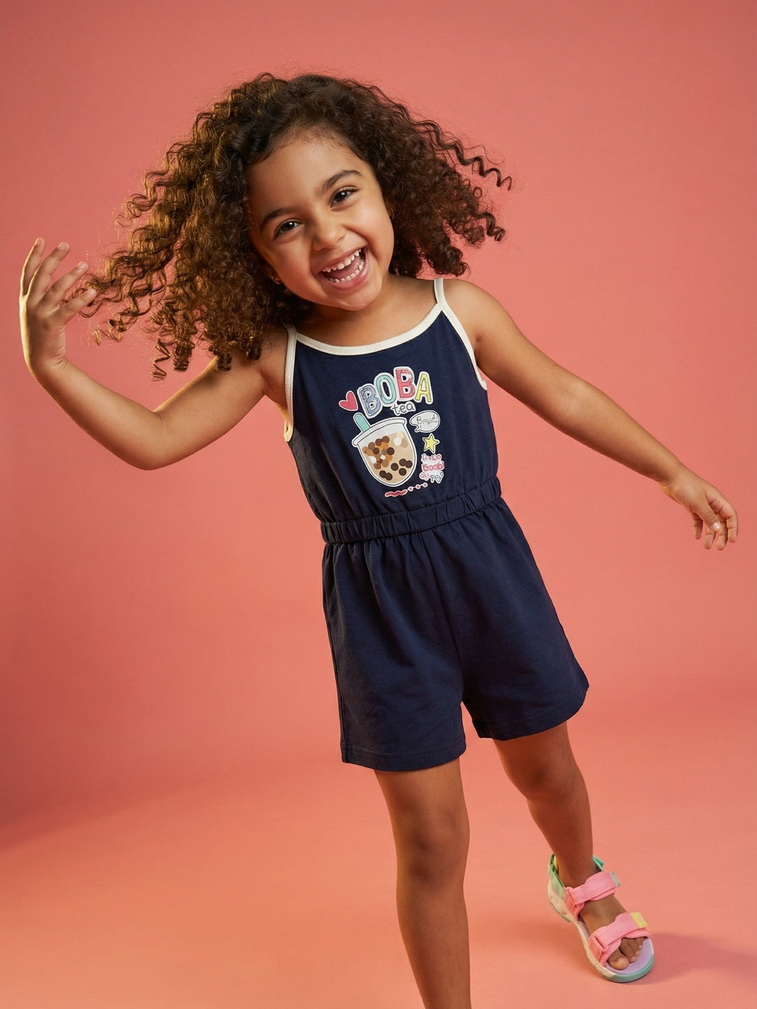 Nautinati Girls' 100% Cotton Graphic Print Jumpsuit with Elasticated Waist