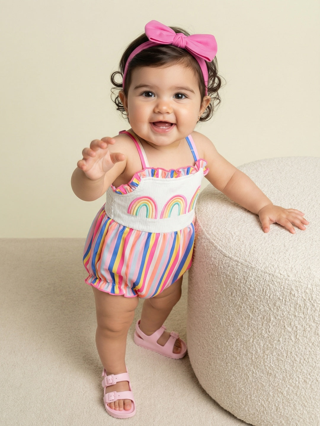 Nautinati Girls' Multicolour Striped & Embroidered Jumpsuit