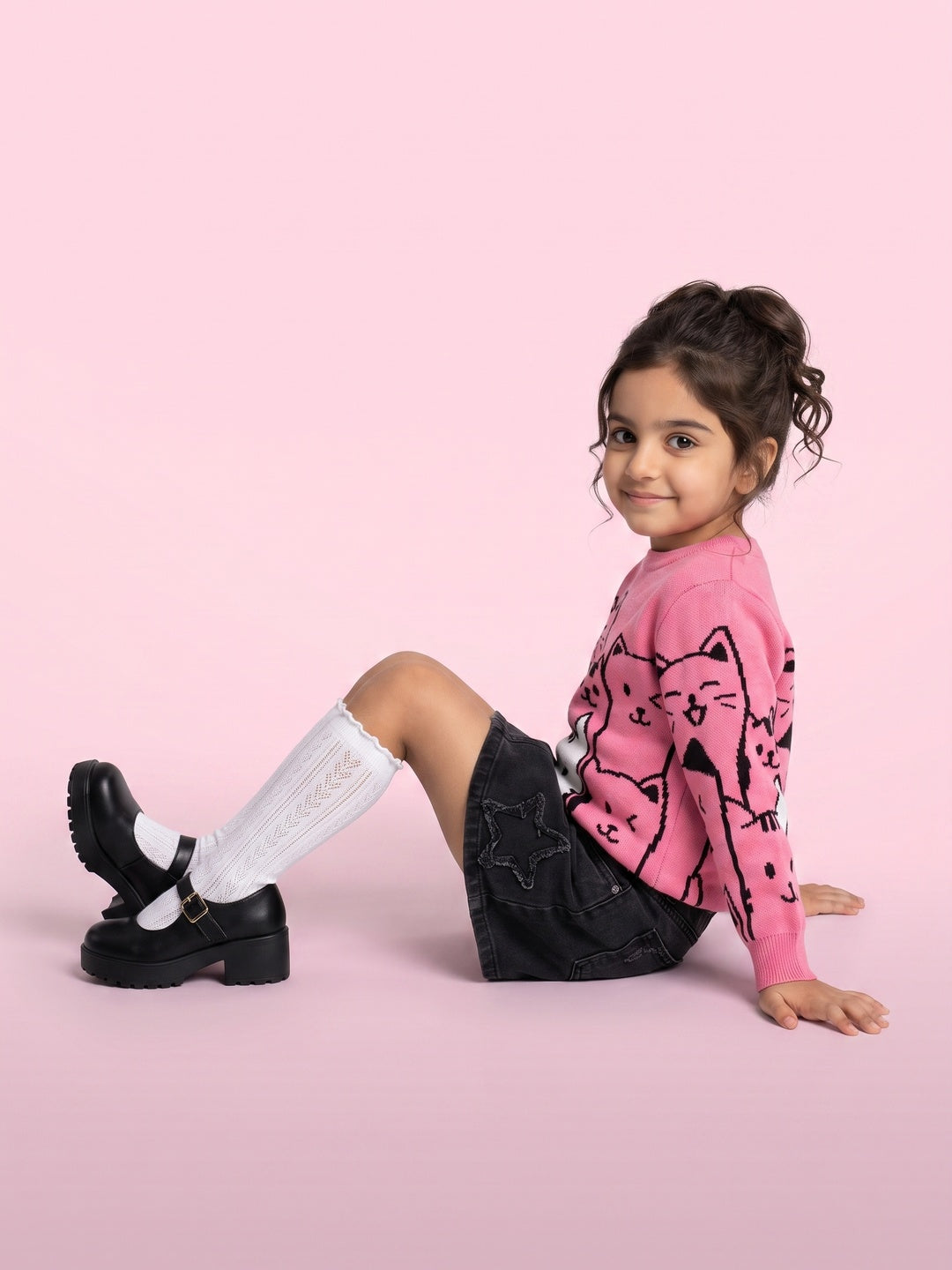 Nautinati Girls Relaxed Fit Pink Cats Round Neck Full Sleeves Sweater