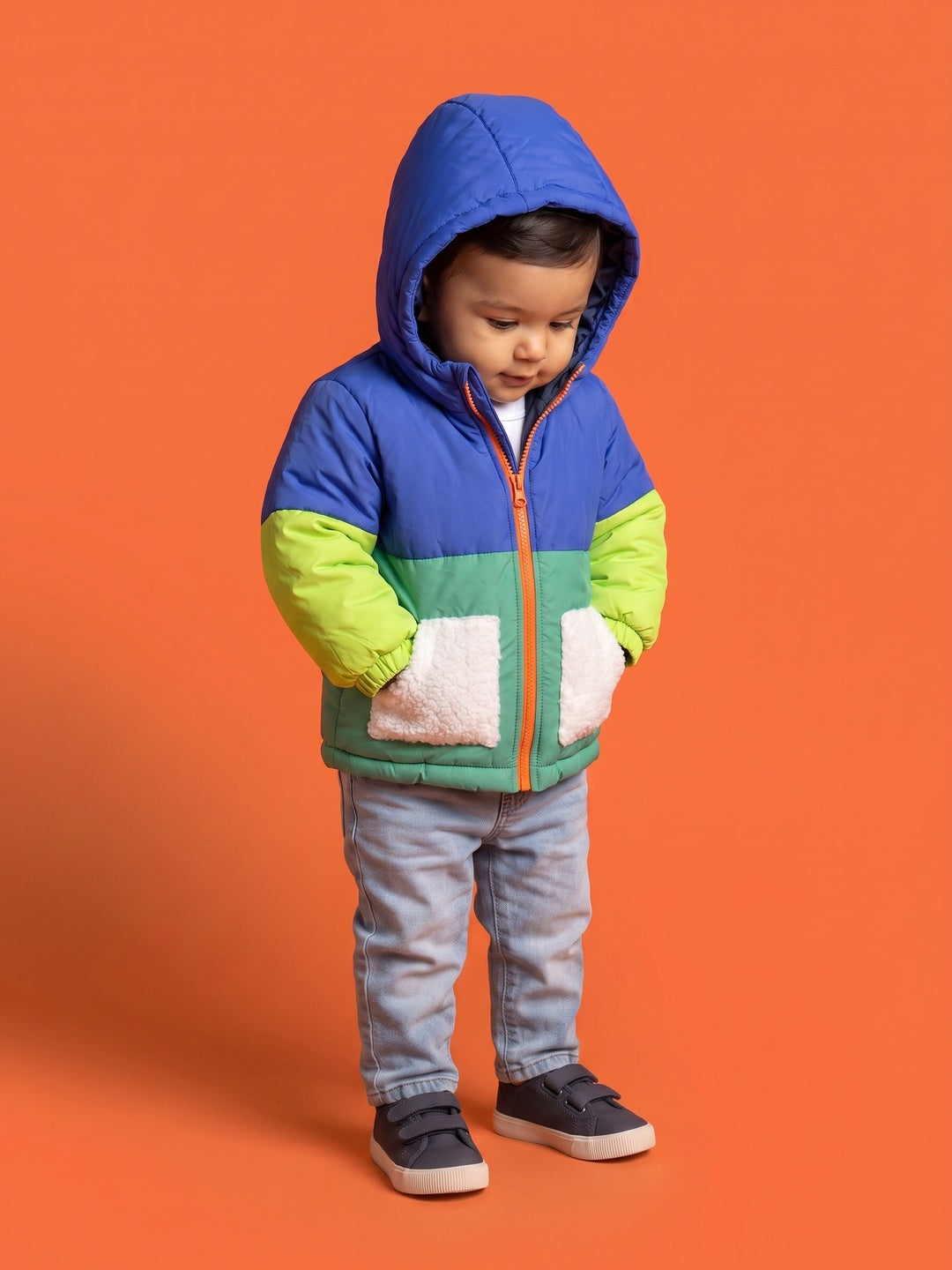 Nautinati Baby Boys Regular Fit Hooded Colourblock Puffer Jacket with Front Zip