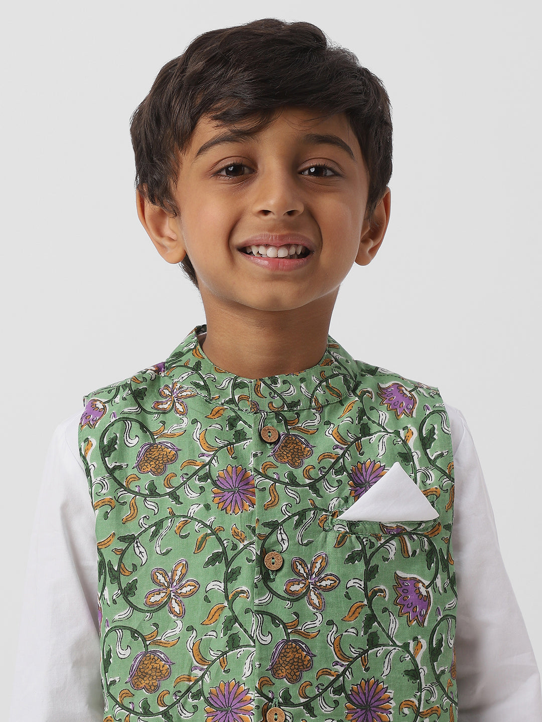 Nautinati Boysâ€™ White Cotton Full Sleeve Kurta-Pyjama with Floral Jaipur Print Nehru Jacket