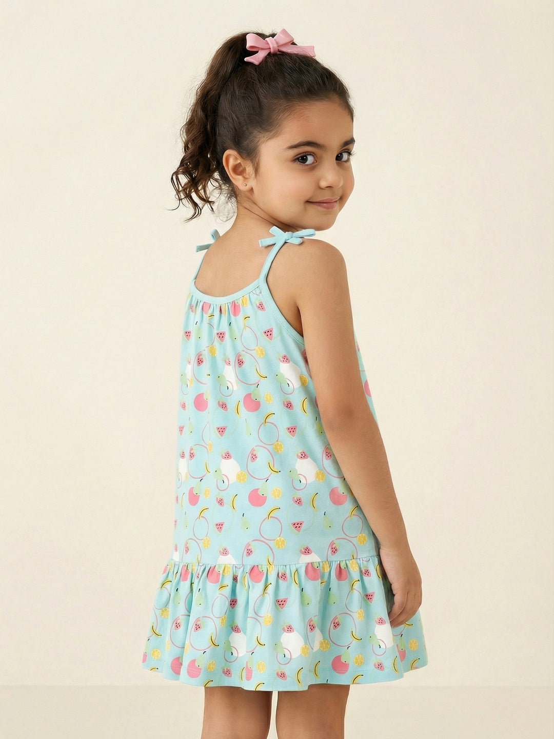Nautinati  Girls Graphic Printed Relaxed Fit Tie-up Style Sleeveless Dress