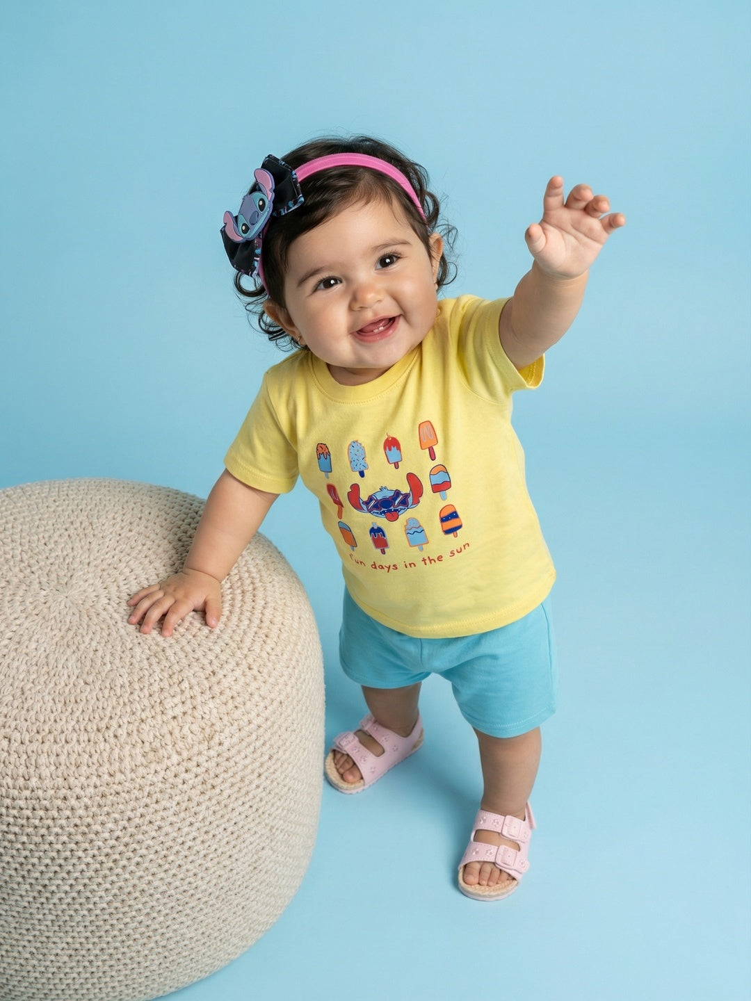 Nautinati Baby Girls Lilo & Stitch Printed Regular Fit T-shirt and Shorts Clothing Set