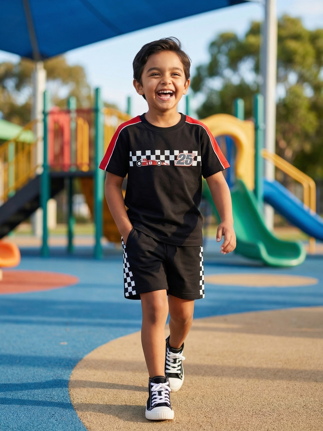 Nautinati Boys' Race Car Printed Regular Fit Round Neck T-shirt and Shorts Co-ord Set