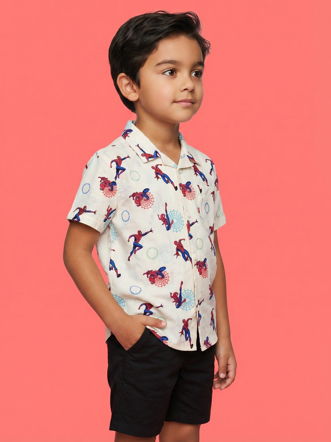Nautinati Boys Spiderman Printed Regular Fit Resort collar shirt and Shorts Set