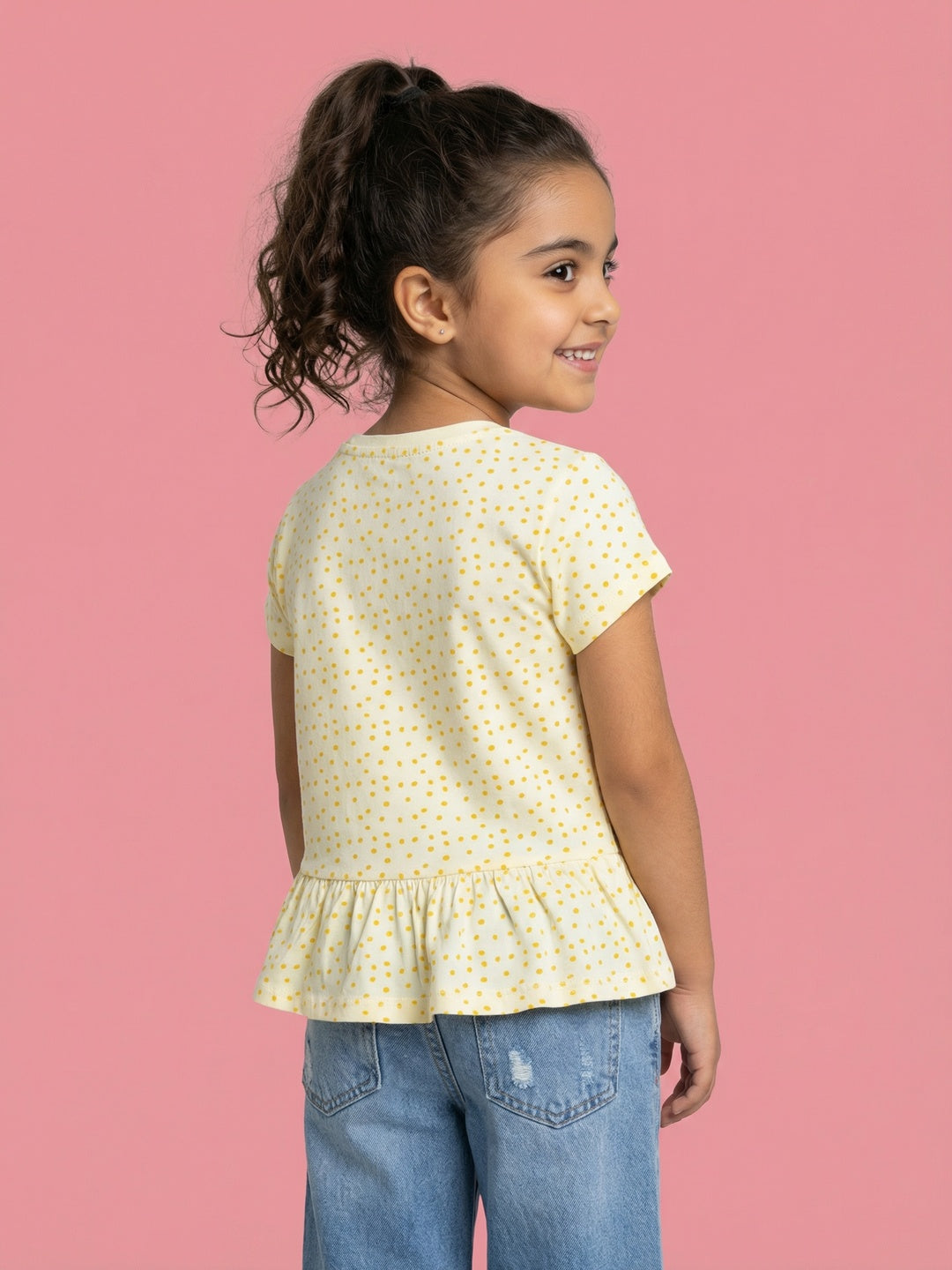 Nautinati Girls' 100% Cotton Off-white Polka All-over Print & Floral Graphic Peplum Top