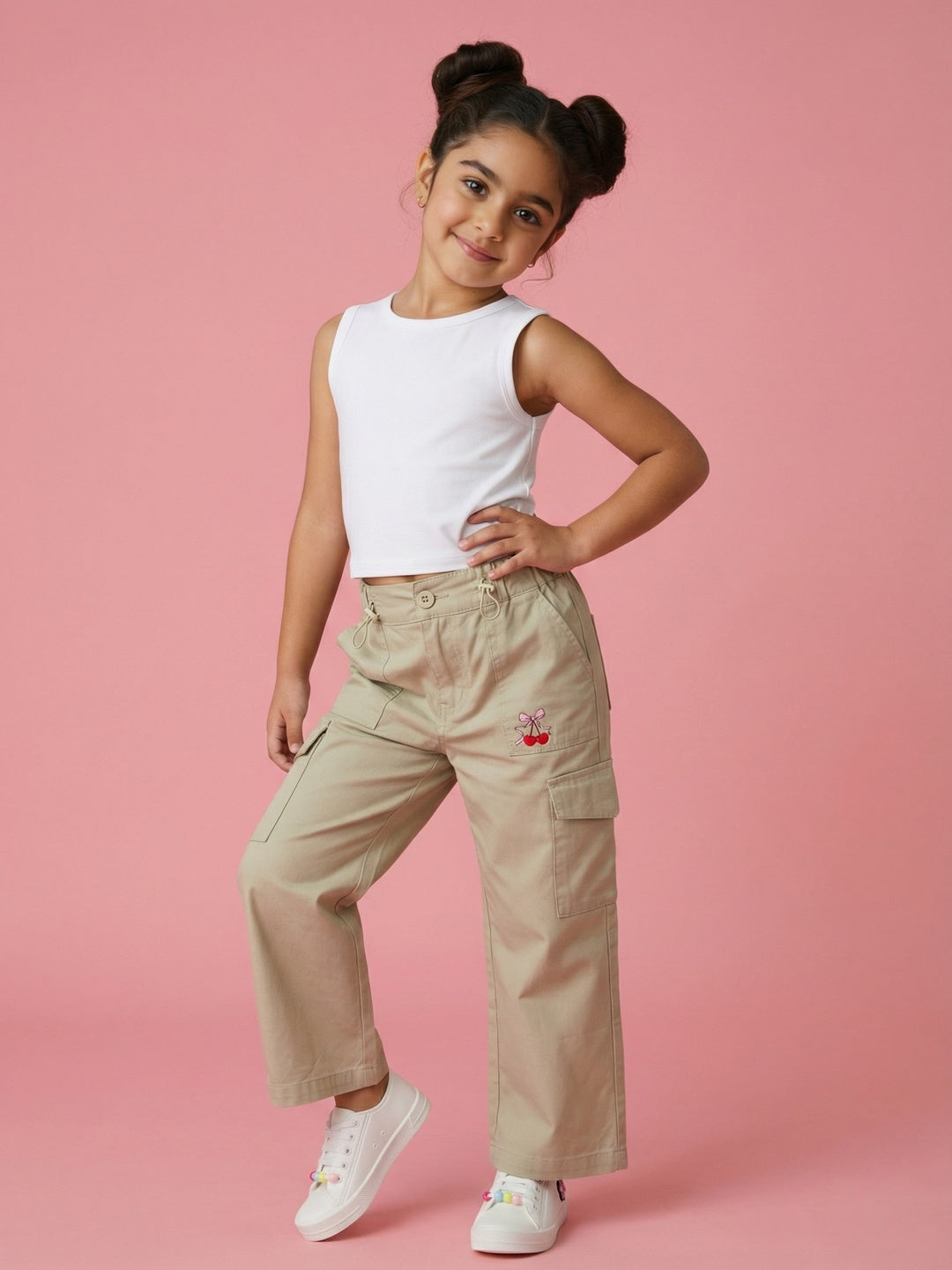 Nautinati Girls Pure Cotton Cherry Placement Print Baggy Fit Wide-leg Pants